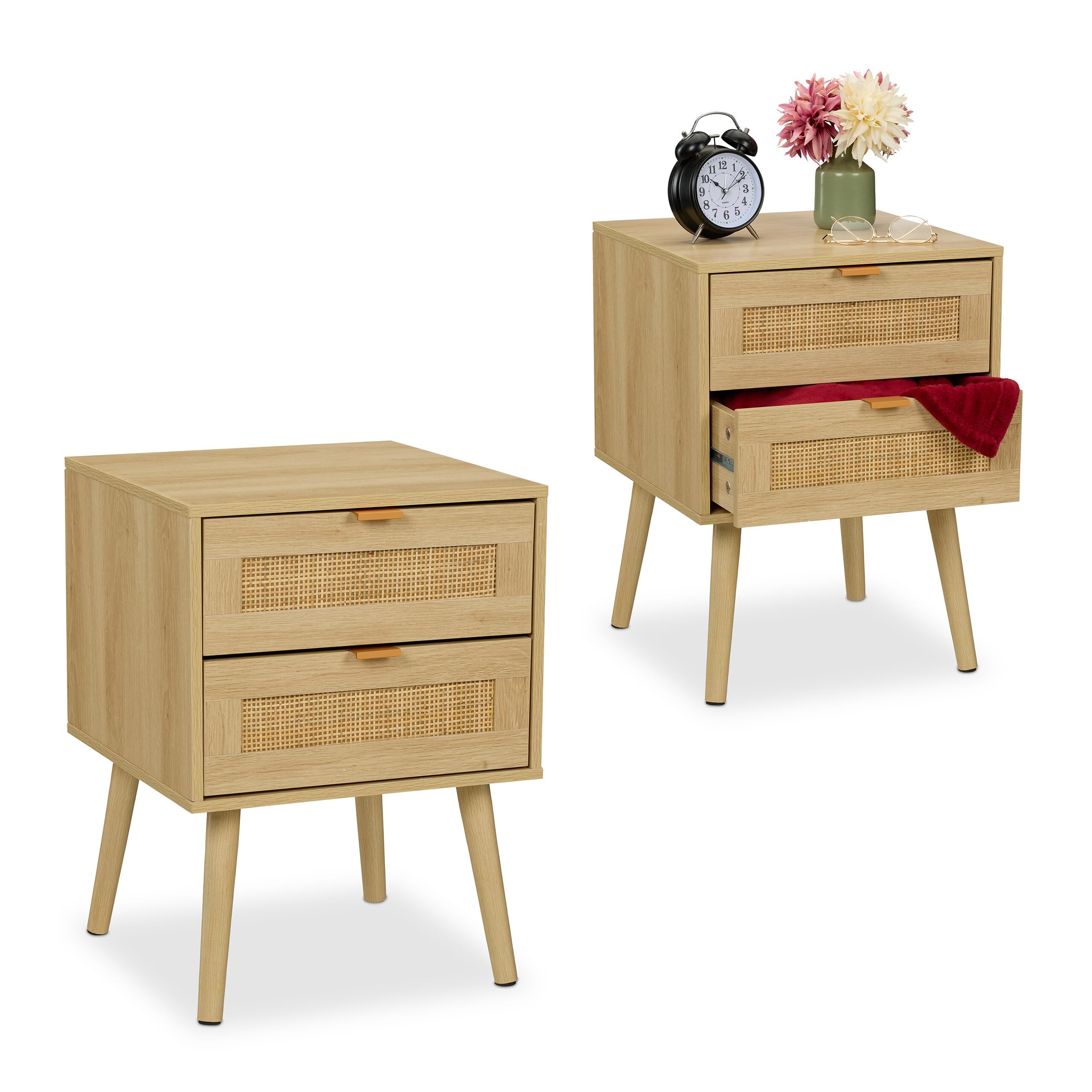 RELAX4LIFE Nachttisch Set 2er - Rattan Design Mit Schublade 40x40x55cm