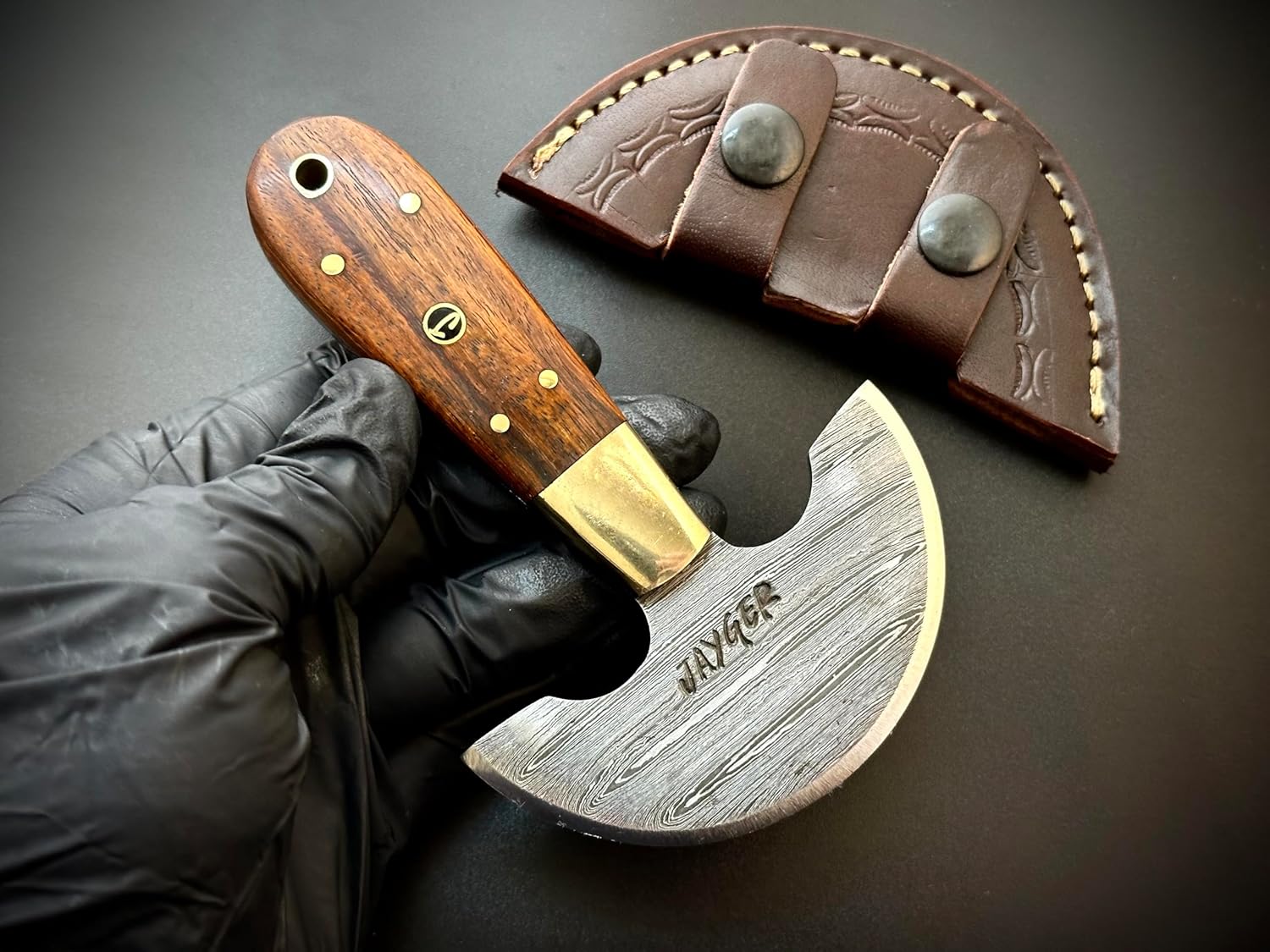 Handmade Damascus Steel Round Head Leather Cutter with Wood Handle - Premium Craftsmanship for Precision Cuts and Durability