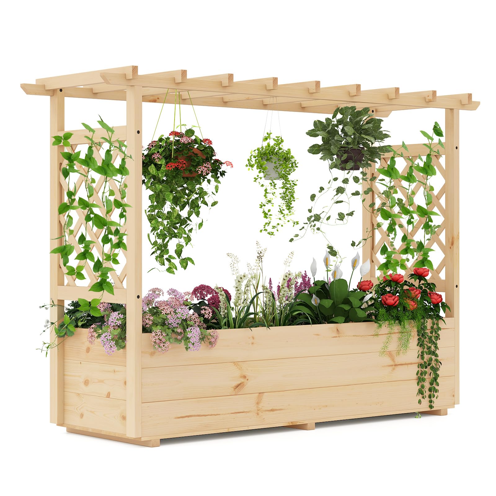 RELAX4LIFE Pflanzkasten mit Rankgitter, Hochbeet mit Hängedach, Blumenbeet für Kletterpflanzen Blumen Gemüse Obst, Blumenkasten für Balkon Terrasse Garten (148 x 50 x 103cm)