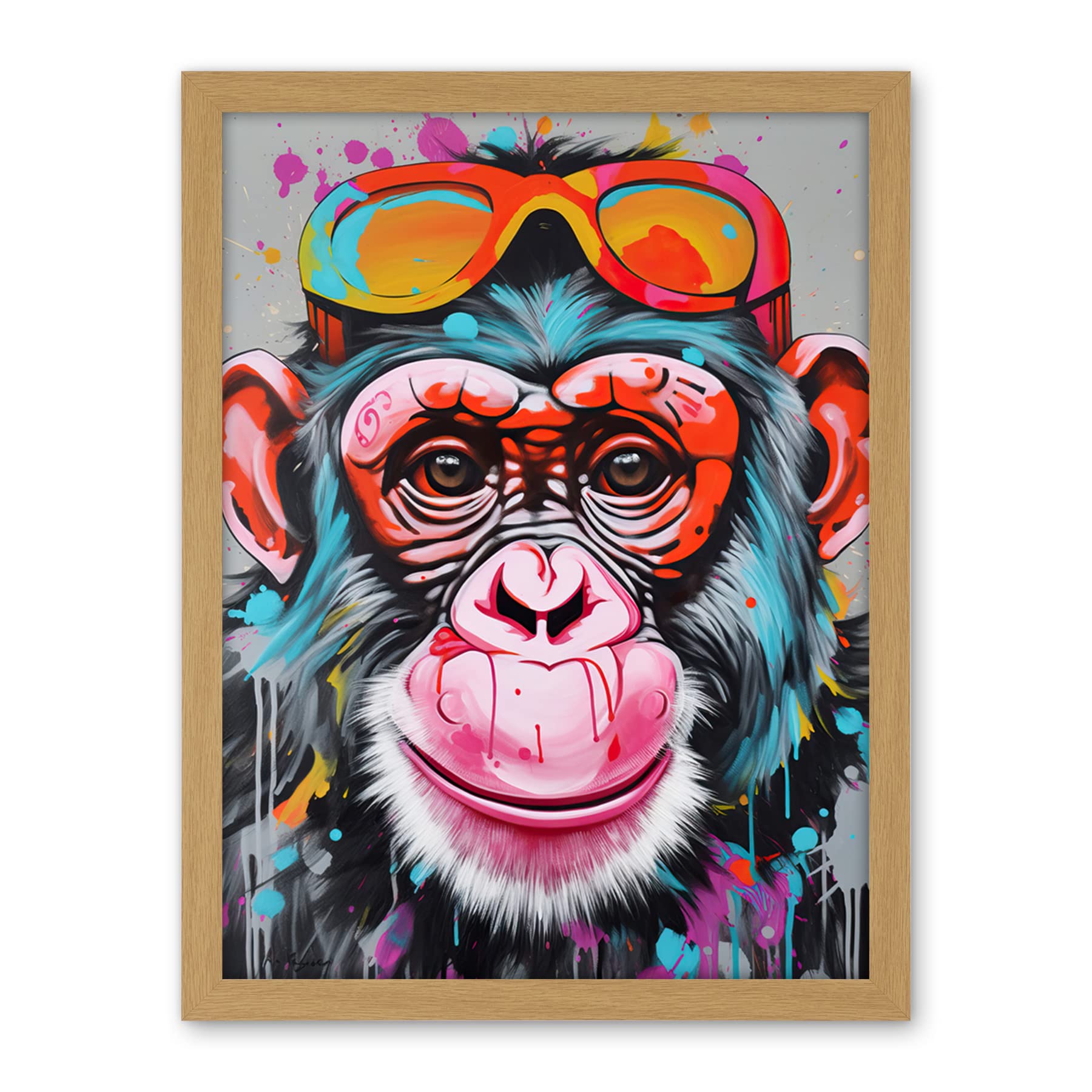 Artery8 Chimpanzee Monkey With Sunglasses Graffiti Pop Art Artwork Framed Wall Art Print 18X24 Inch