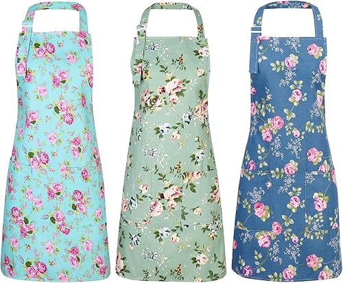 Auidy_6TXD Paquete de 3 delantales florales para mujer, delantales de cocina ajustables con 2 bolsillos, delantal vintage con diseño floral de rosa,