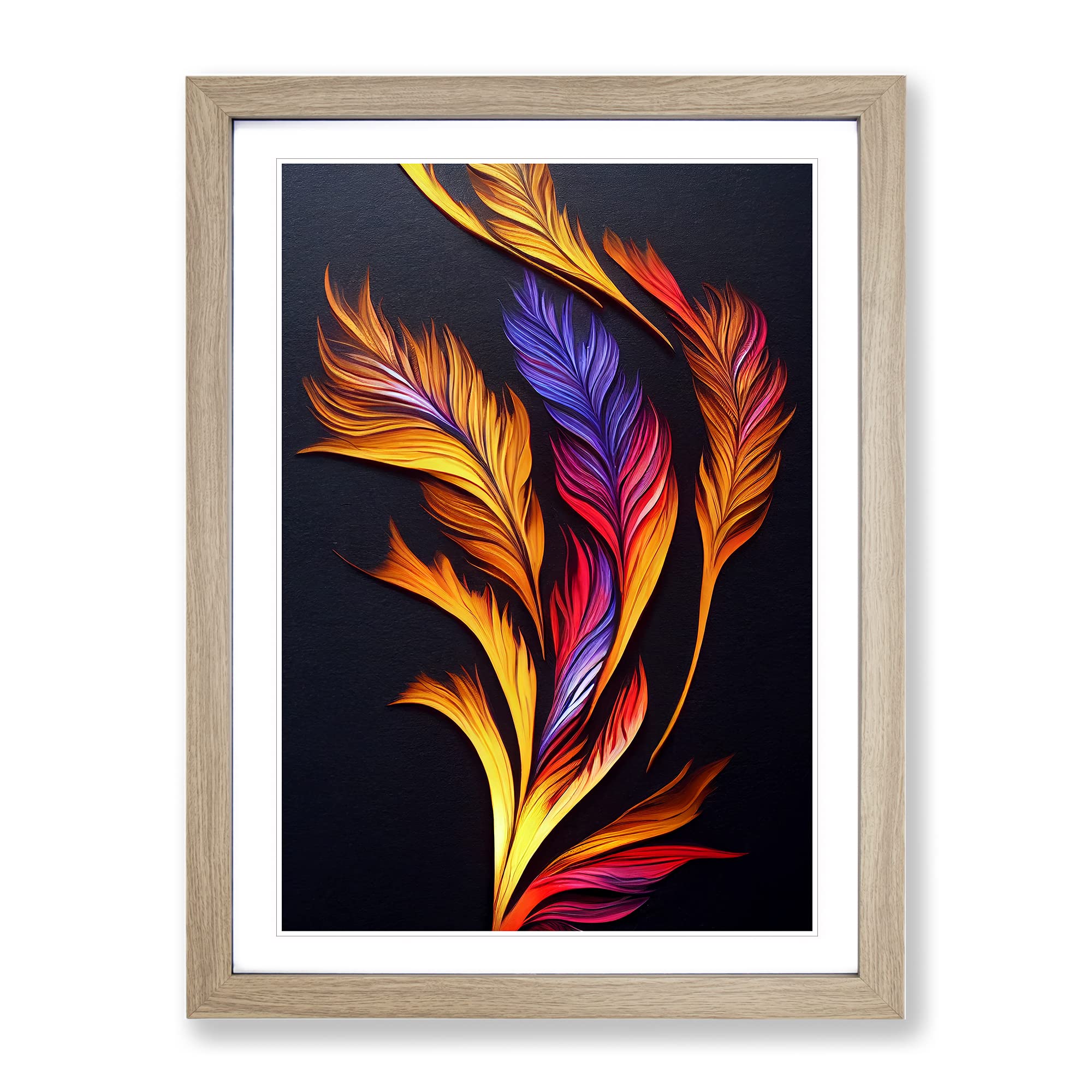 Flaming Feathers Framed Print, Oak, A3 (34 x 46 cm)