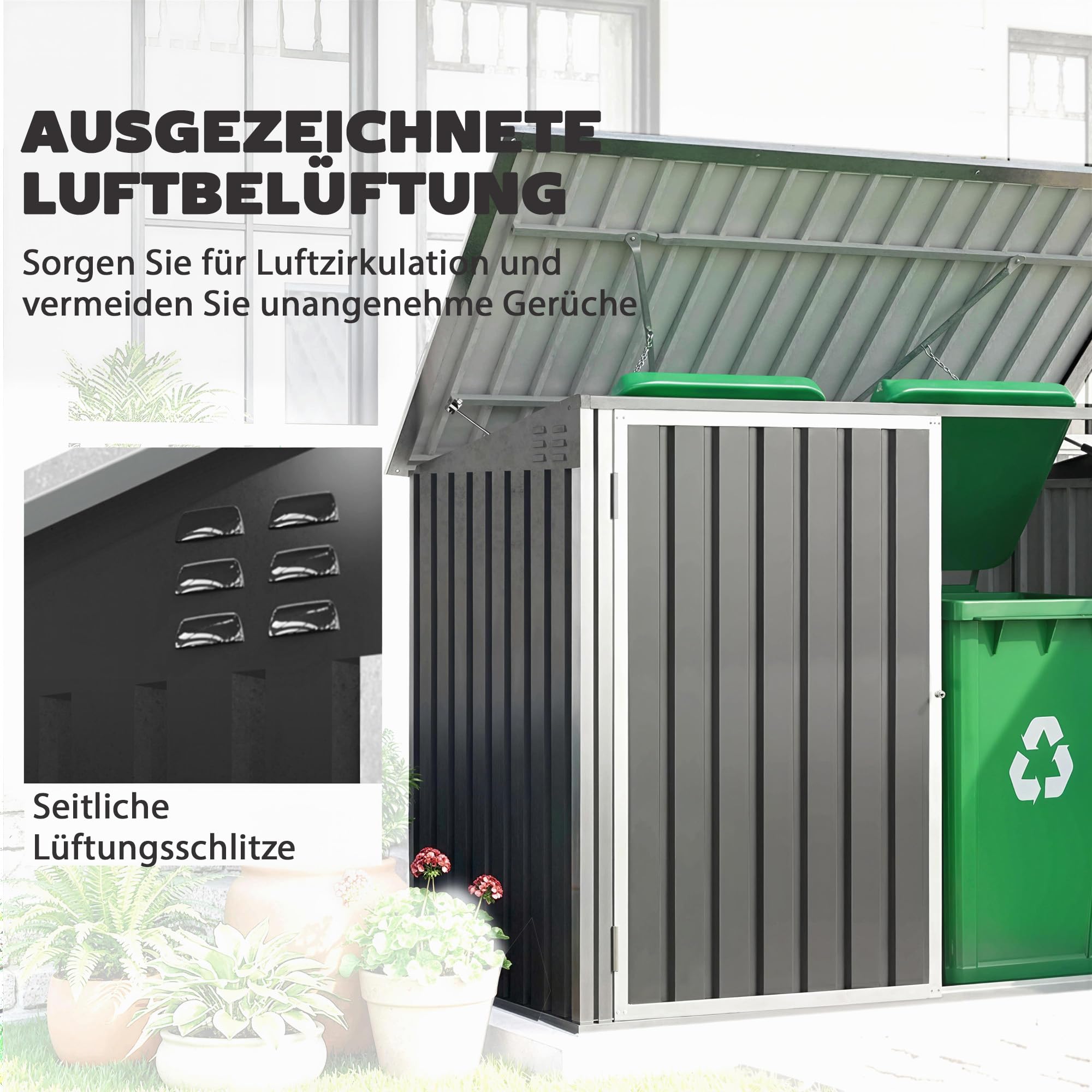 Outsunny Mülltonnenbox für 2 Mülltonnen aus verzinktem Stahl Müllbox mit Klappdeckel Gasdruckfeder Doppeltür Belüftungsöffnungen, abschließbar Mülltonnenverkleidung 179,5 x 108 x 113 cm Dunkelgrau