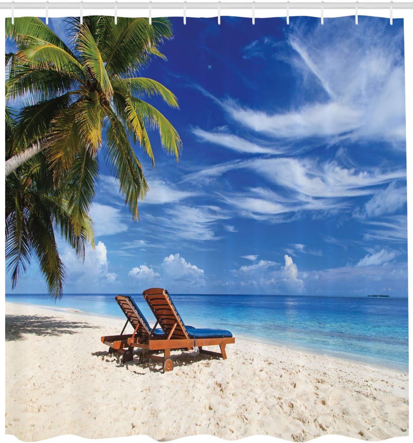 Ambesonne Seaside Shower Curtain, 2 Beach Chairs on The Tropical Sandy Beach Under Palm Trees Relaxing, Cloth Fabric Bathroom Decor Set with Hooks, 69" W x 84" L, Ivory Green