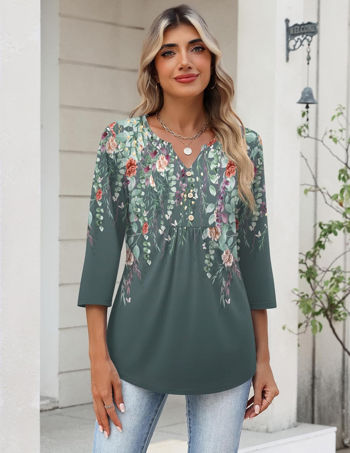 Zeagoo Womens 3/4 Length Sleeve Tops V Neck Dressy Casual T Shirts Pleated Business Work Blouses Basic Tees S-3XL - Image 2