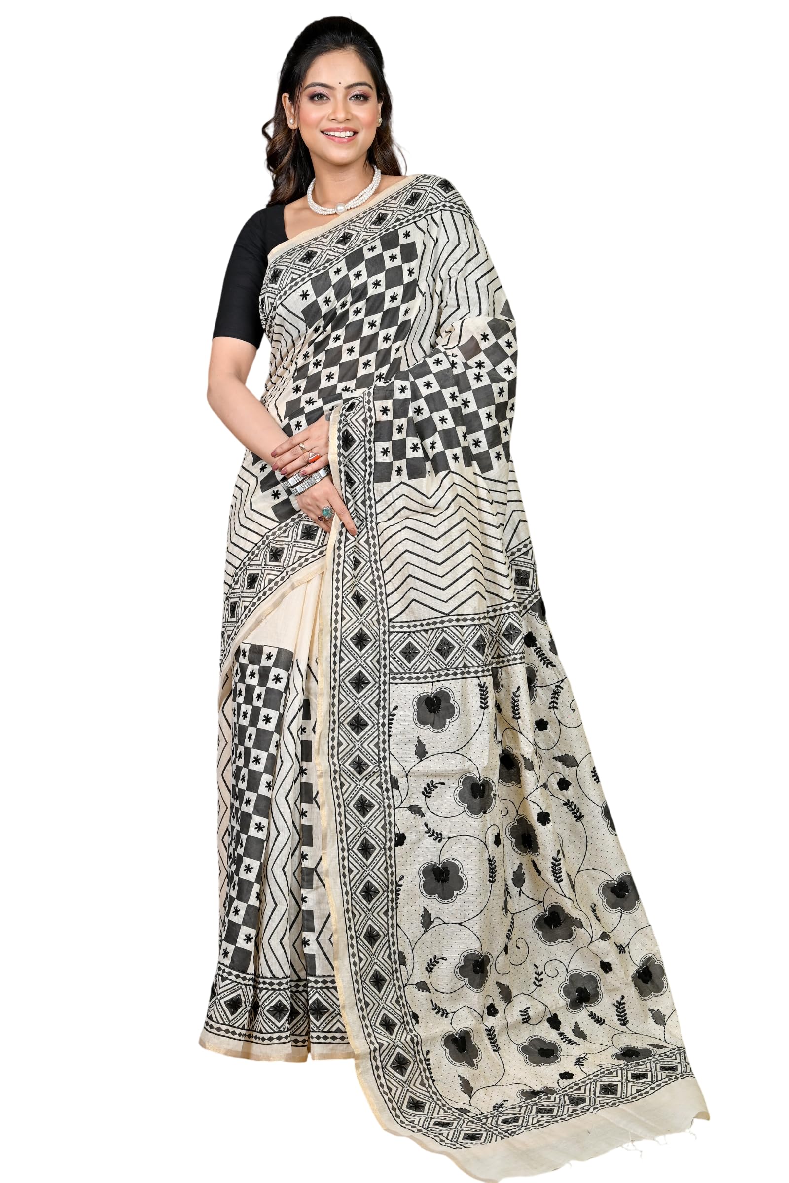 Traditional Bengal Artisan Crafted CottonWhite Kantha Stitch Saree with blouse piece-picture-11