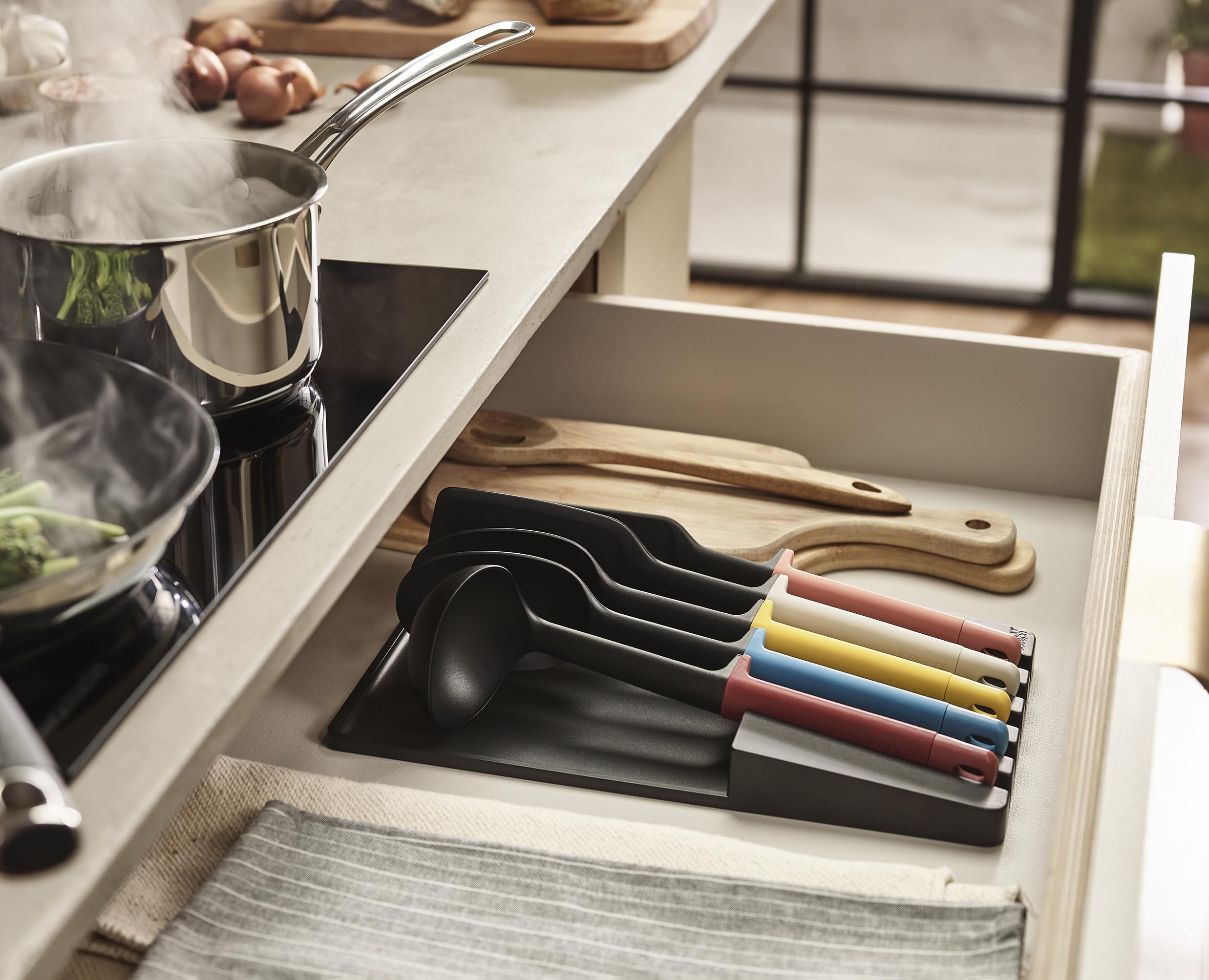 Joseph Joseph Elevate Cuchillos de Cocina Profesionales y Utensilios de Cocina, 10 piezas, con Almacenamiento para Cajón, Negro/Multicolor