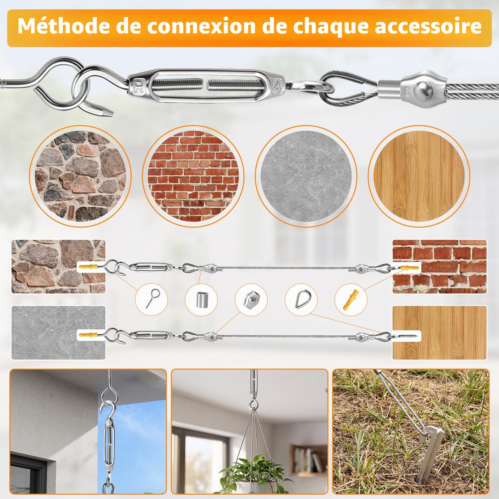 60M 2MM Corde en Acier Inoxydable à Suspendre Kit, Câble en Acier Inoxydable Revêtu pour Plantes Grimpante, Extérieur Suspension, Corde a linge, Lustre D'ExtéRieur