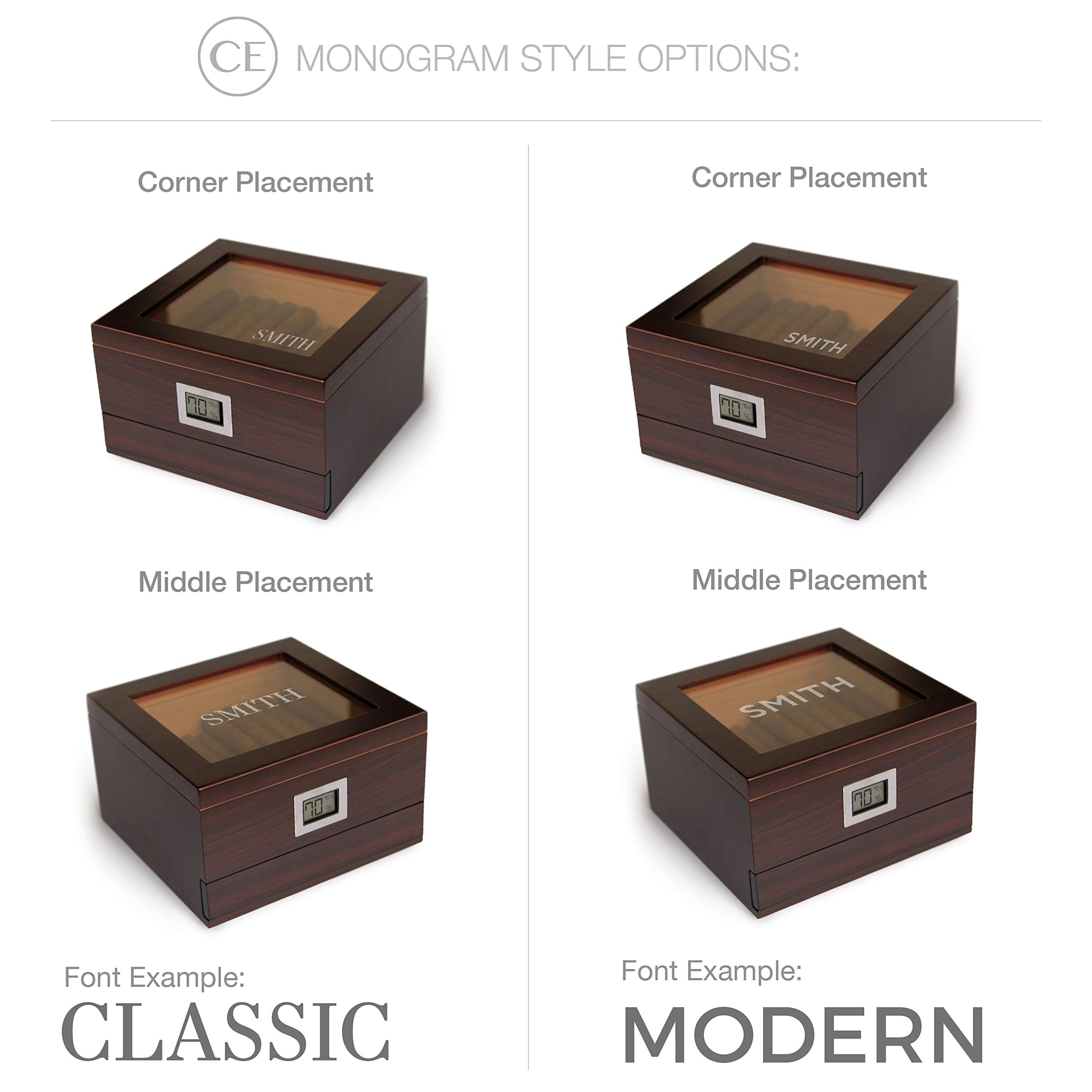 CASE ELEGANCE Humidor per Sigari in Cedro con Finiture in Ciliegio Fatto a Mano con Igrometro Anteriore Digitale - Tenuta (25-50 sigari) con Monogrammi