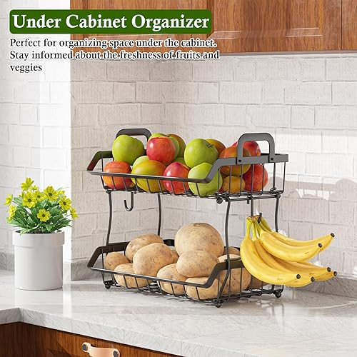 Miniatura 2 de Cesta de frutas de 2 niveles para encimera de cocina con 2 ganchos para plátanos, soporte de cesta de almacenamiento de frutas colgante, cuenco