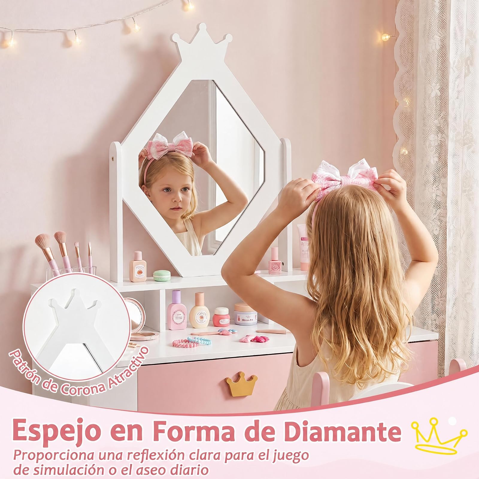 COSTWAY Tocador Niña con Espejo Romboidal