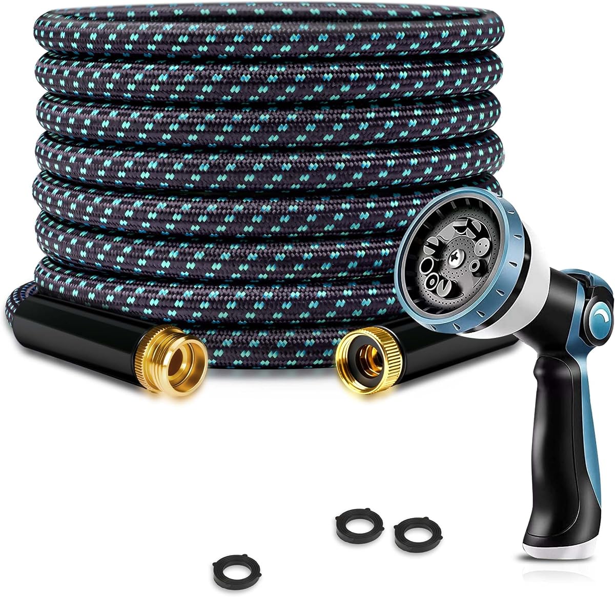 Garden Hose 25FT Lightweight Kink-Free Thick Grip Outdoor (Blue+Black) | Thick anti-wear grip, ultra-light triple-layer leak/burst-proof hose, all-weather flexible with 10-mode nozzle