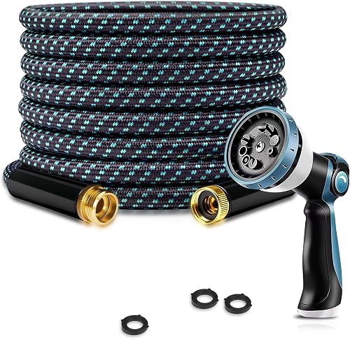 Garden Hose 25FT Lightweight Kink-Free Thick Grip Outdoor (Blue+Black) | Thick anti-wear grip, ultra-light triple-layer leak/burst-proof hose, all-weather flexible with 10-mode nozzle