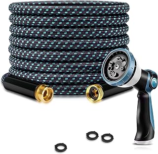 Garden Hose 25FT Lightweight Kink-Free Thick Grip Outdoor (Blue+Black) | Thick anti-wear grip, ultra-light triple-layer leak/burst-proof hose, all-weather flexible with 10-mode nozzle