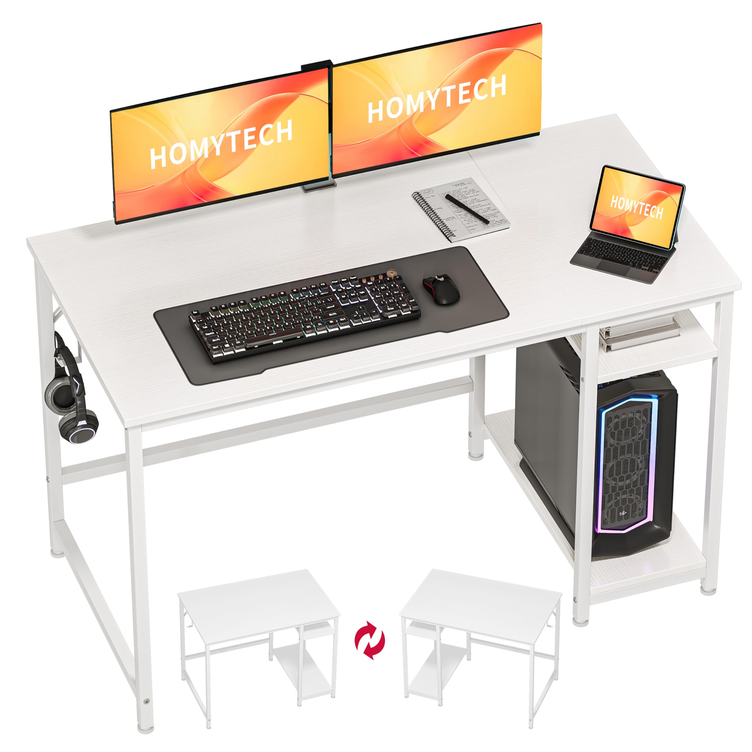 HOMYTECH Escritorio Madera con Doble Estante Lateral Reversible y Gancho para Auriculares, Escritorio Ordenador para Oficina en Casa, Estudio de Empresa, 120x60 cm, Blanco