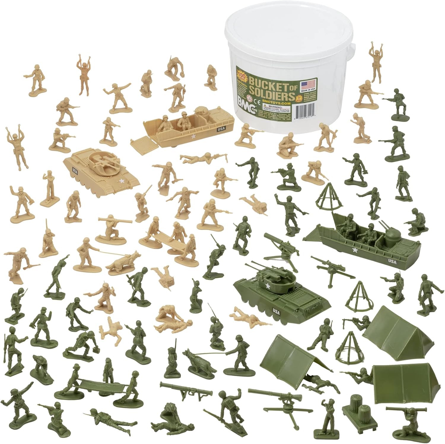 BMC Bucket of Plastic Army People Tan vs Green 100pc