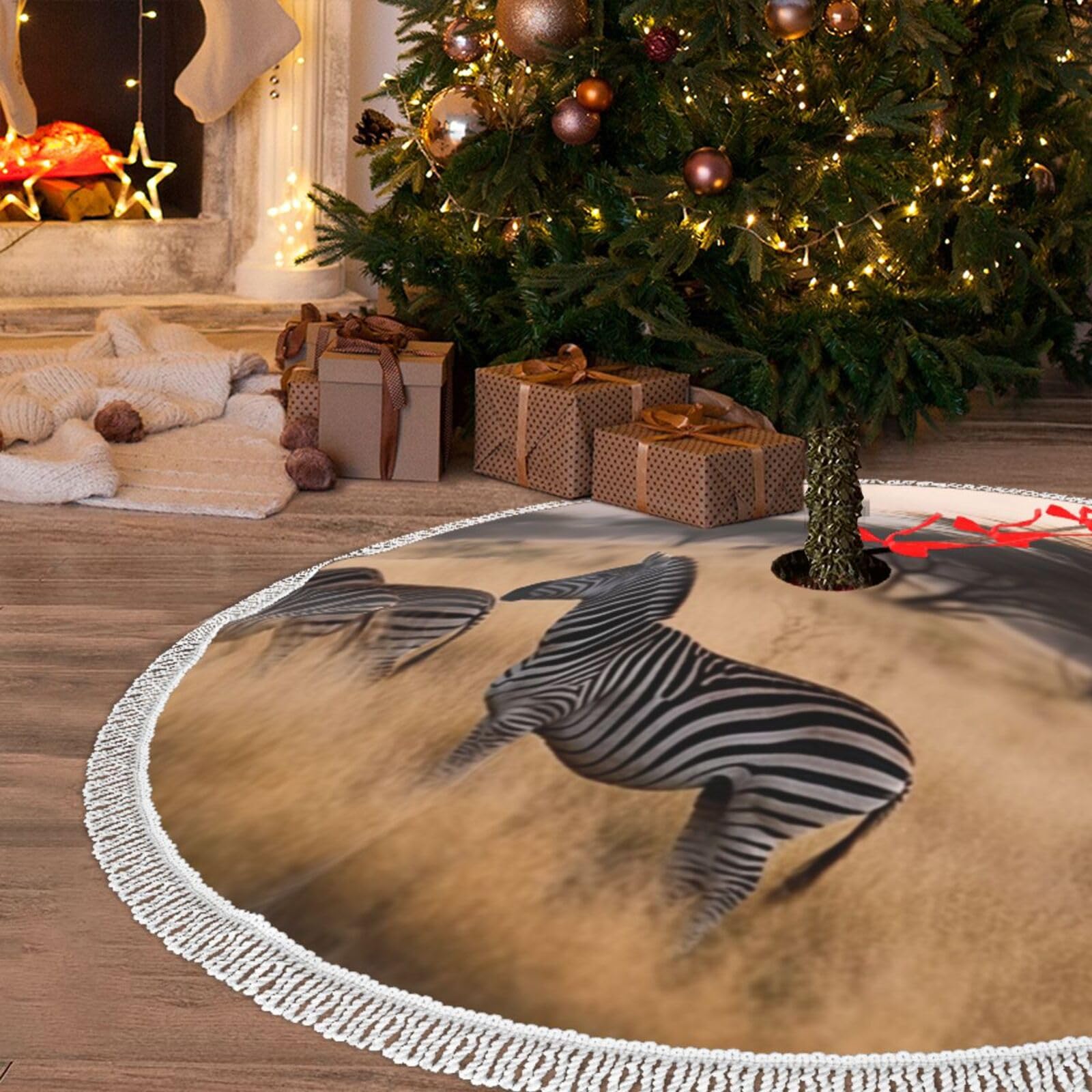 Jupe de sapin zèbre de 122 cm avec pompons pour décoration de Noël chic