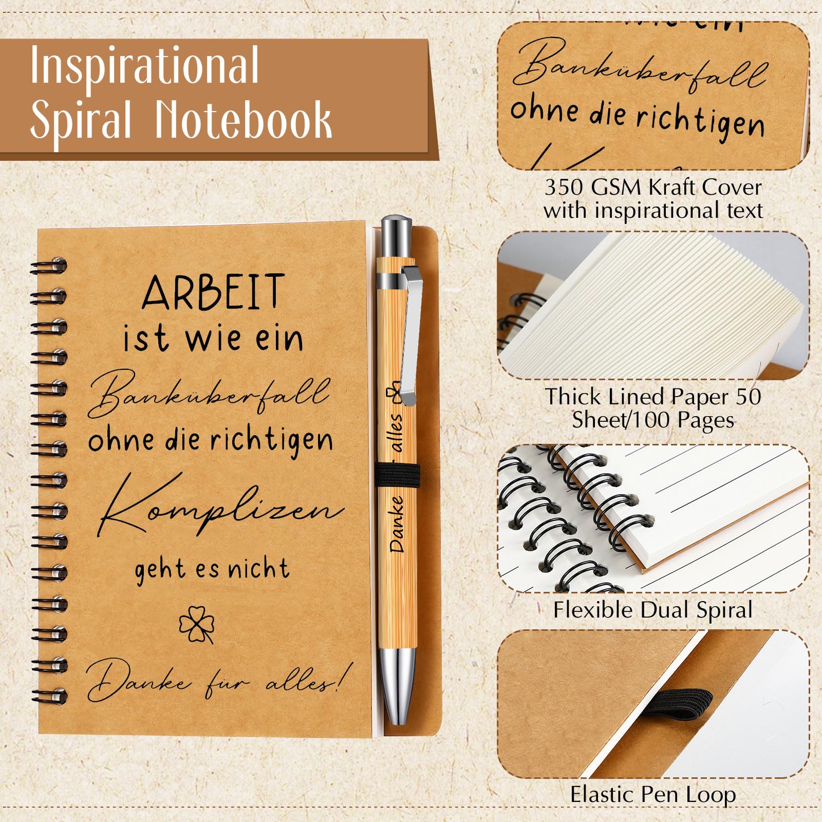 Sinmoe 24 Set Dankeschön Geschenke Klein für Kollegen Lehrer Inspirierend Spirale Notizblock Danke Kugelschreiber Notizbuch mit Spruch Abschiedsgeschenk (Arbeit Ist Wie Ein Banküberfall)