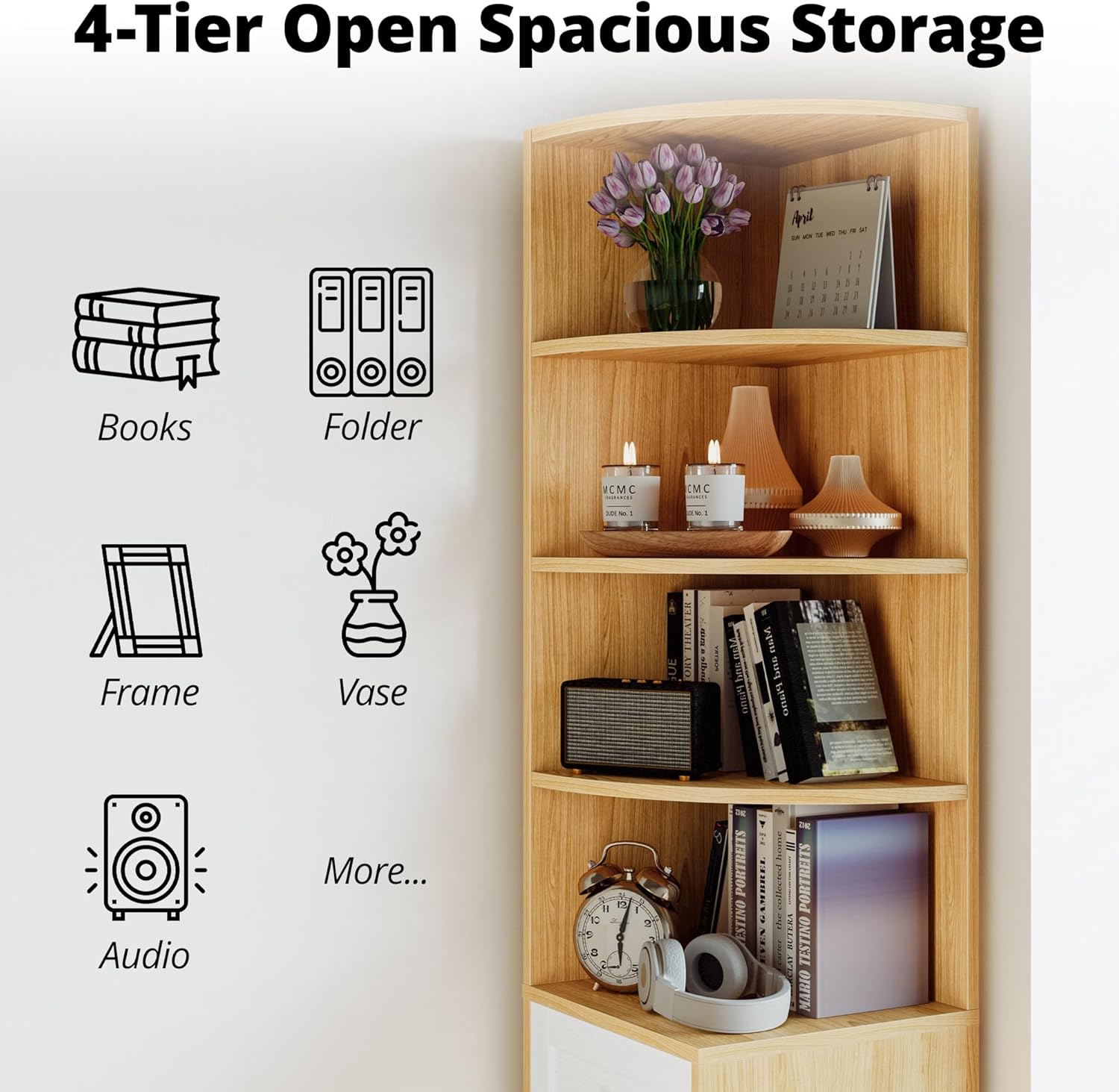 IRONCK Corner Bookshelf and Bookcase, 71" H Wooden Book Shelves 4 Tier with Drawers and Storage Cabinet for Living Room, Office, Bedroom, Oak and White