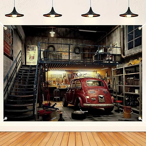 HANYING Telón de fondo de taller de reparación de automóviles de 7 x 5 pies, fondo fotográfico retro de garaje, mecánico clásico para decoración de