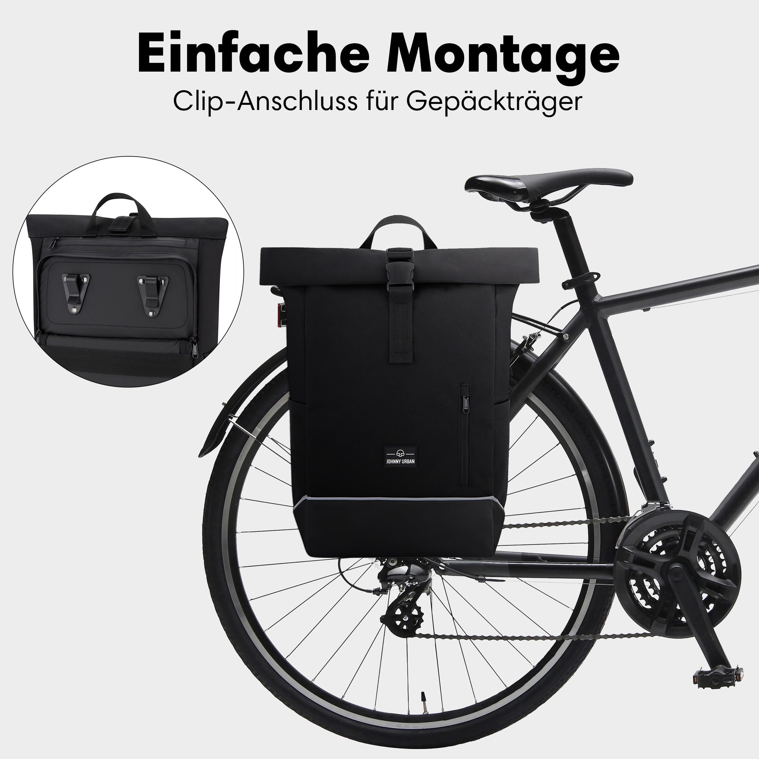 Johnny Urban Fahrradtaschen für Gepäckträger Damen & Herren Schwarz - Robin Medium Bike - 2 in 1 Fahrrad Tasche Rucksack & Gepäckträgertasche Hinten - Wasserabweisend