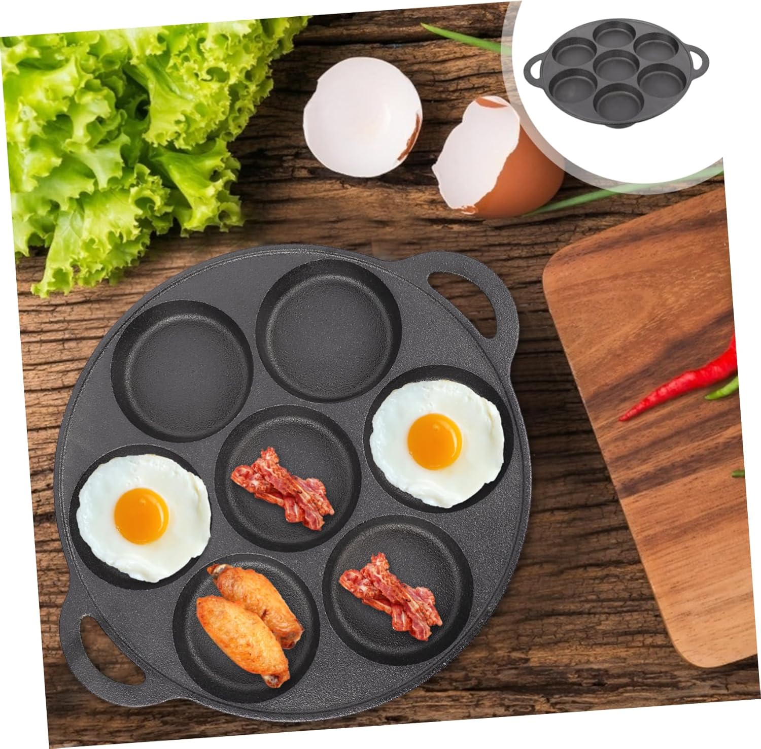 VALICLUD Thickened Cast Iron Fried Egg Pan Non Stick Skillet with Seven Holes for Omelette Cooking Kitchen Cookware and Easy to Clean Cooking Tool