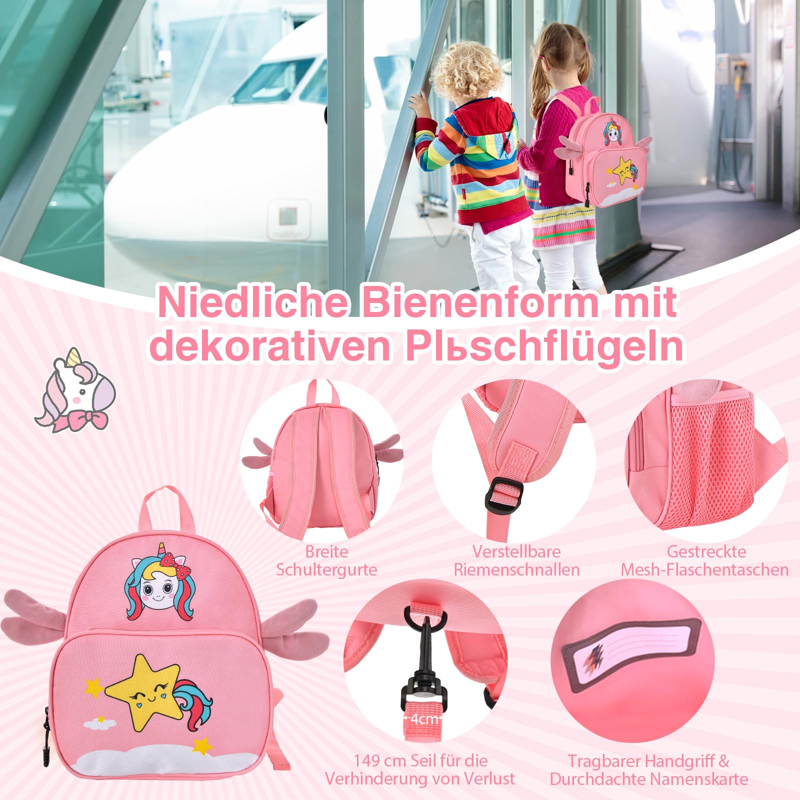 COSTWAY 2-częściowy zestaw bagażu dziecięcego + plecak, walizka 12"+18" na kółkach z wodoodporną twardą obudową, dziecięcy bagaż z paskiem, liną i podnóżkami, walizka na kółkach dla chłopców i