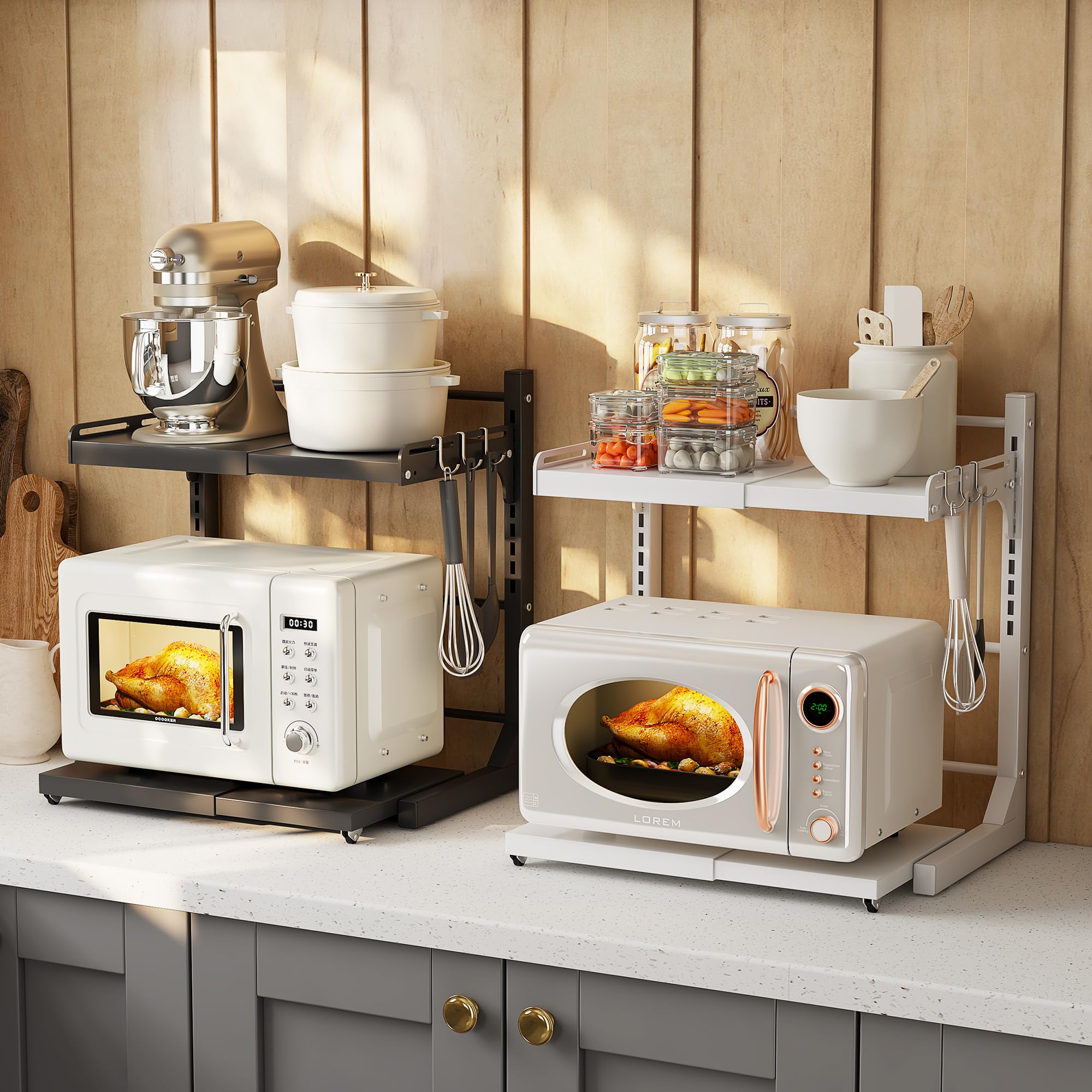 ABCOOL Rack retrattile per forno a microonde estraibile a scatto per cucina, panettiere, organizer portaoggetti 2 assiali espandibili e regolabili in altezza in acciaio al carbonio piano di lavoro con