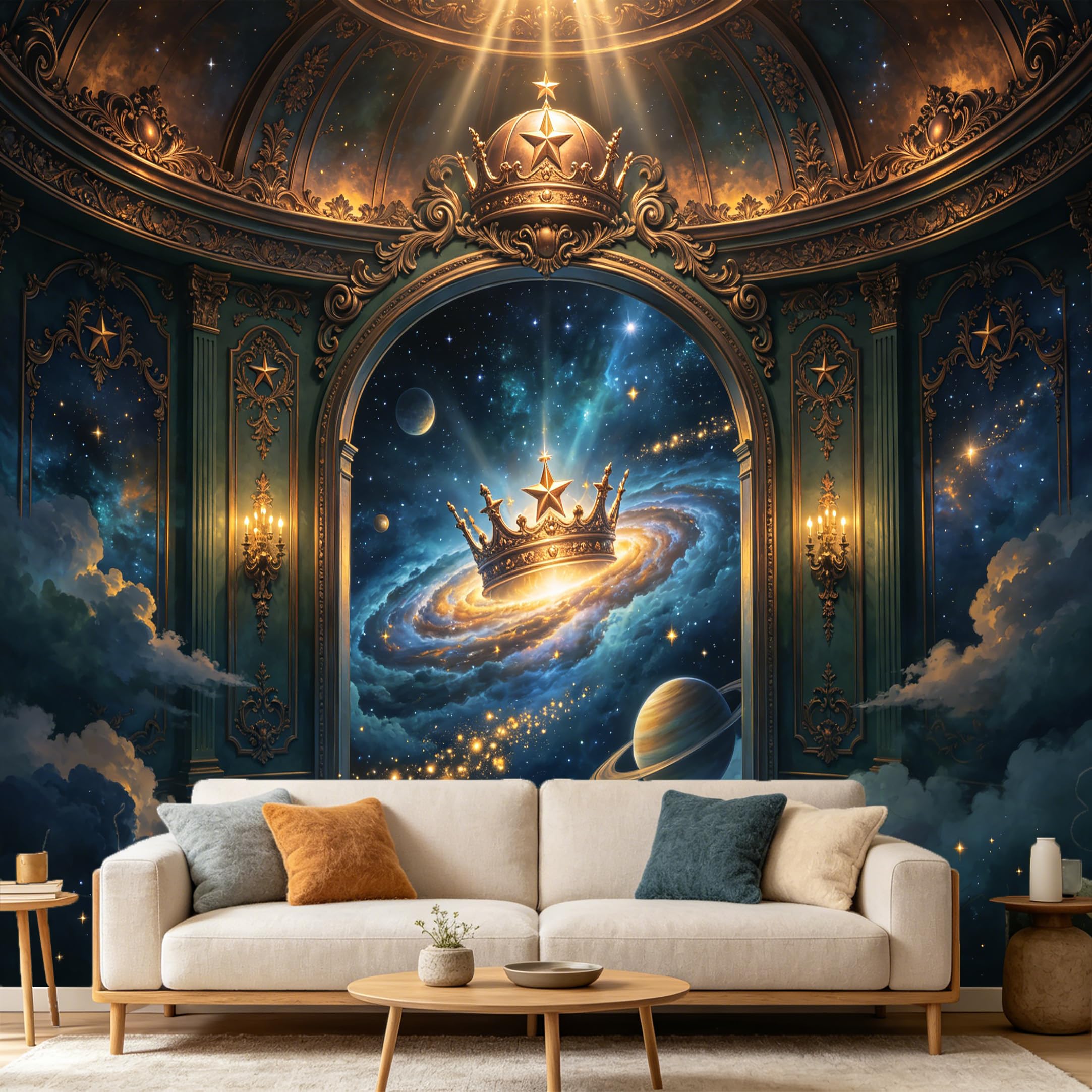 Custom Size Wall Mural， 3D Galaxy Crown Planet Space， SelfAdhesive Art Prints wall Fabric Removable Large Wallpaper Home Living Room Decor Neoclassical Palace View