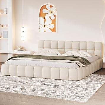 Bubble Upholstered Double Bed Frame 135 x 190 cm with Padded Headboard, Low Platform Bed with Wooden Slatted Base, Linen Fabric Tufted Bedstead, Mattress Not Included (Beige, 135 x 190 cm)