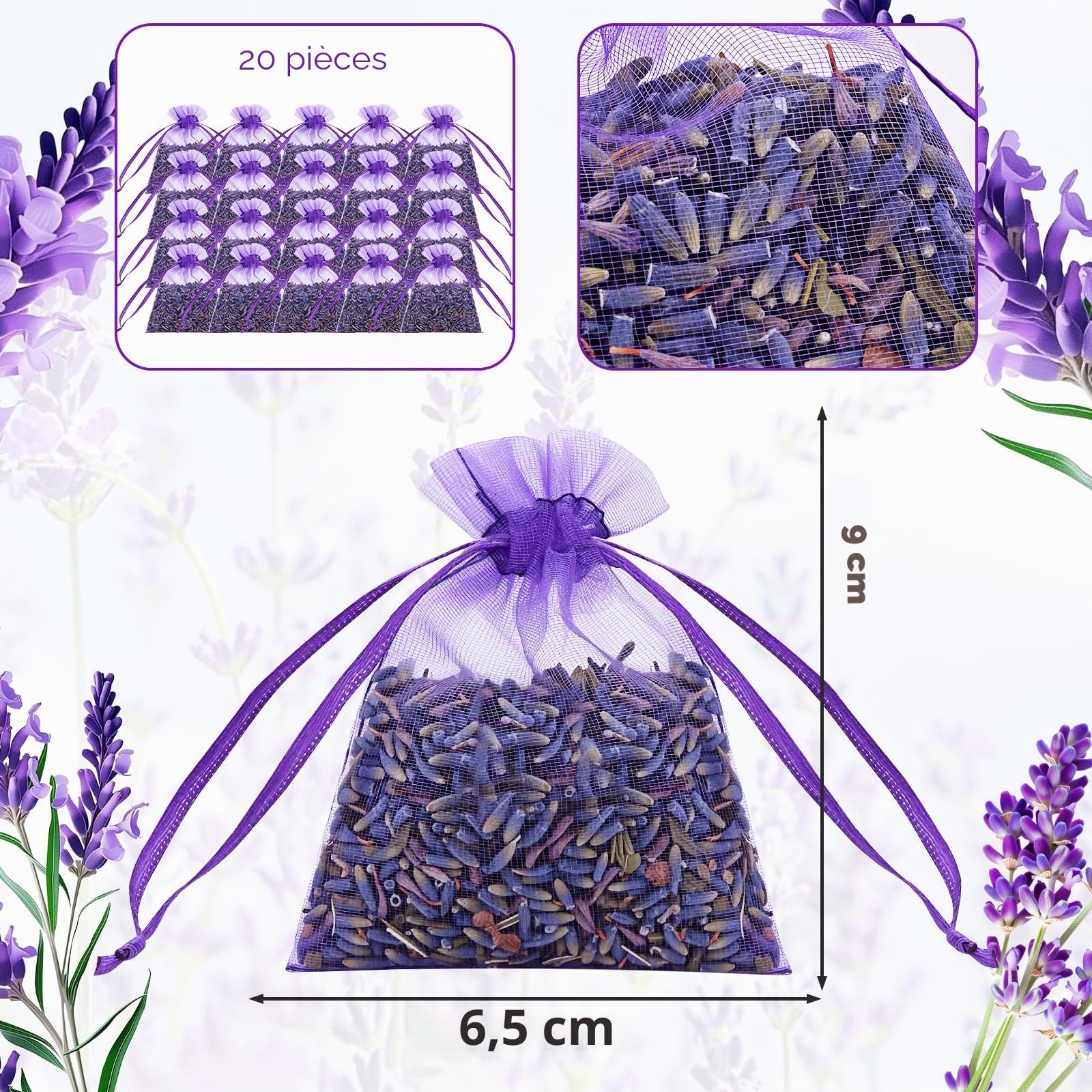 20 Sachets de Lavande Séchée Naturelle - Lavande Séchée pour Armoires, Tiroirs, Placards et Linge - Sacs Parfumés pour Maison et Voiture