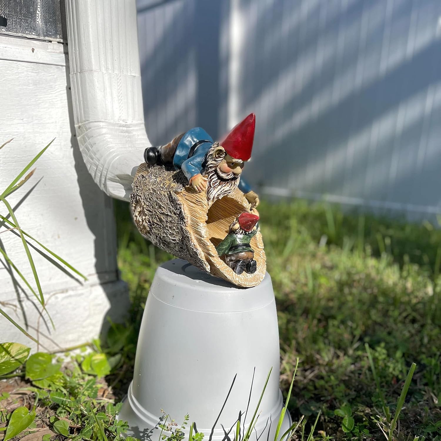 Zeckos Charming Helping Hands Cast Resin Garden Gnome Downspout Cover - Decorative Gutter Drain Spout Splash for Whimsical Outdoor Yard Decor - 9 Inches High