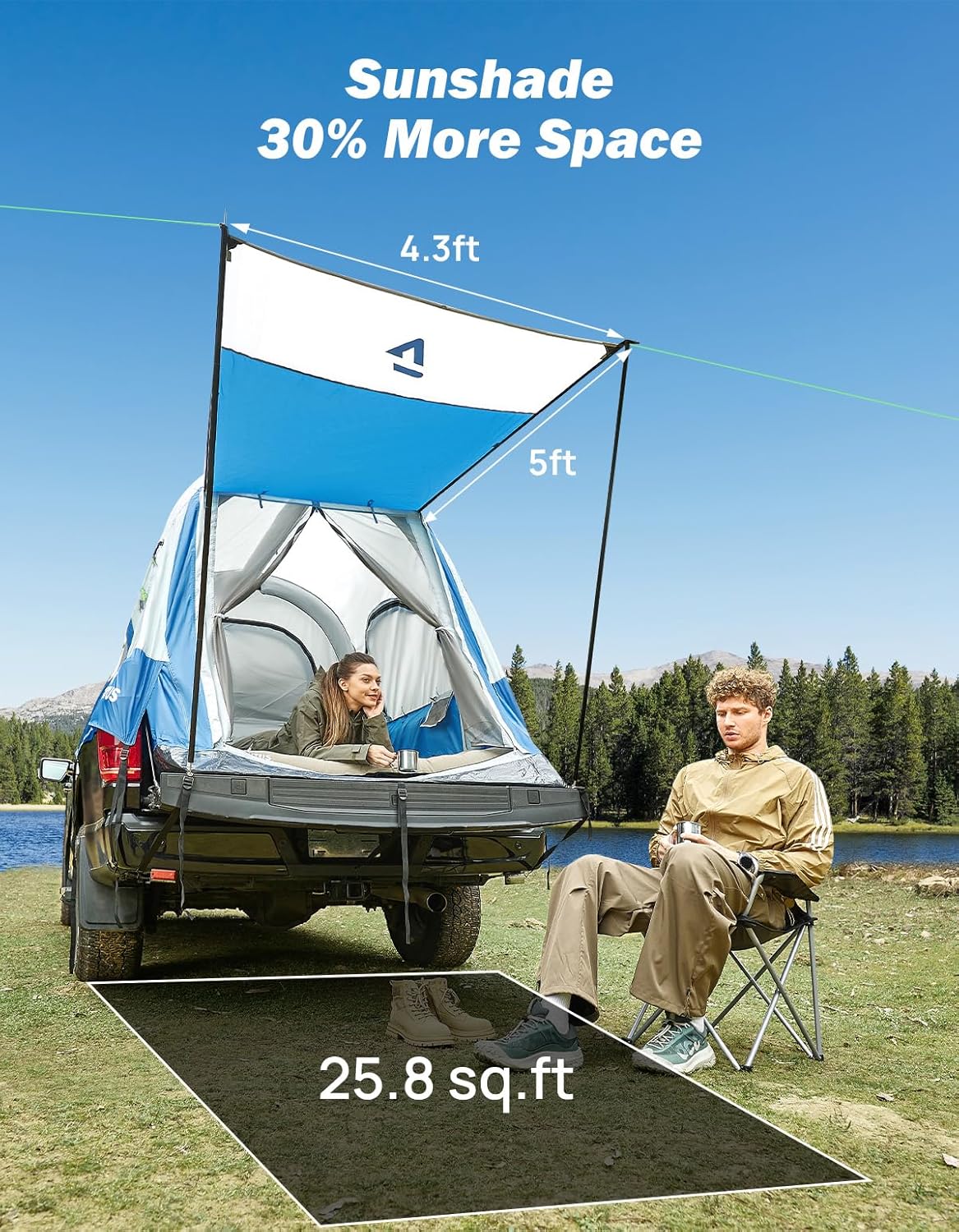 JOYTUTUS Inflatable Truck Bed Tent 5.5-6.5FT with Awning, Includes Air Pump for Quick 30S Setup, Dual-use Pickup or Camping Tent for 2 Person, Truck Tent with Waterproof Roof Shade and 3 Windows