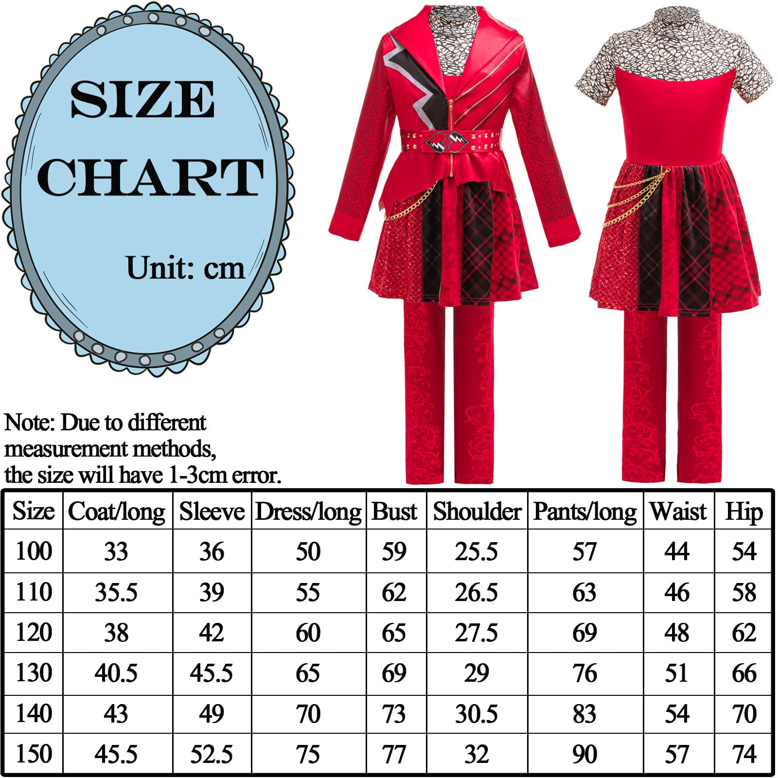 Niña Red Disfraz Cosplay Wonderland Red Estampado 4 Piezas Set Chaqueta‌ Vestido Pantalones Cadena para Carnaval Halloween Fiesta Mascarada Juego de rol Disfraz Rojo 100-150
