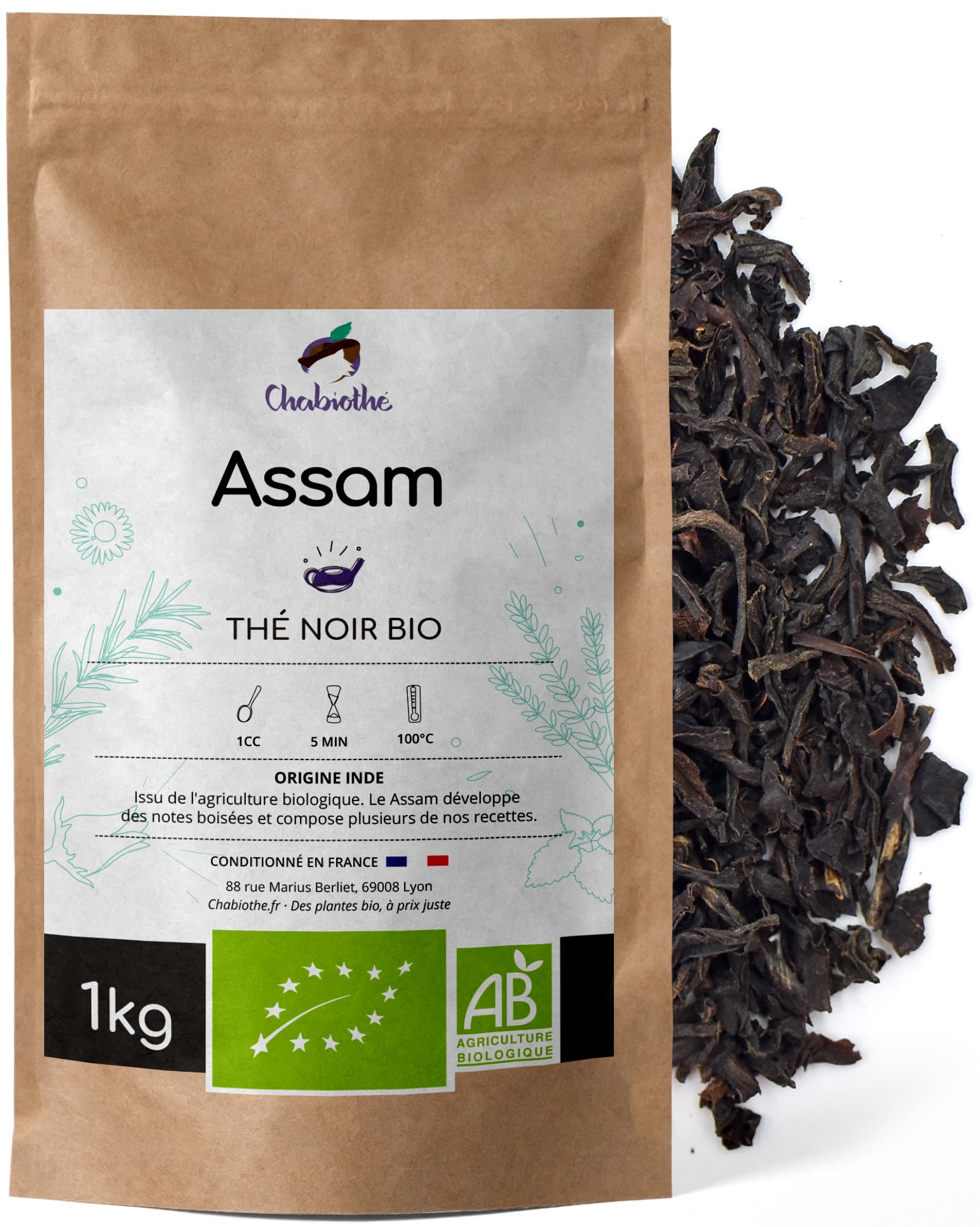 Chabiothé - Thé noir Assam Bio 1 kg - Origine Inde thé nature en vrac et au kilo - conditionné en France - sachet zip
