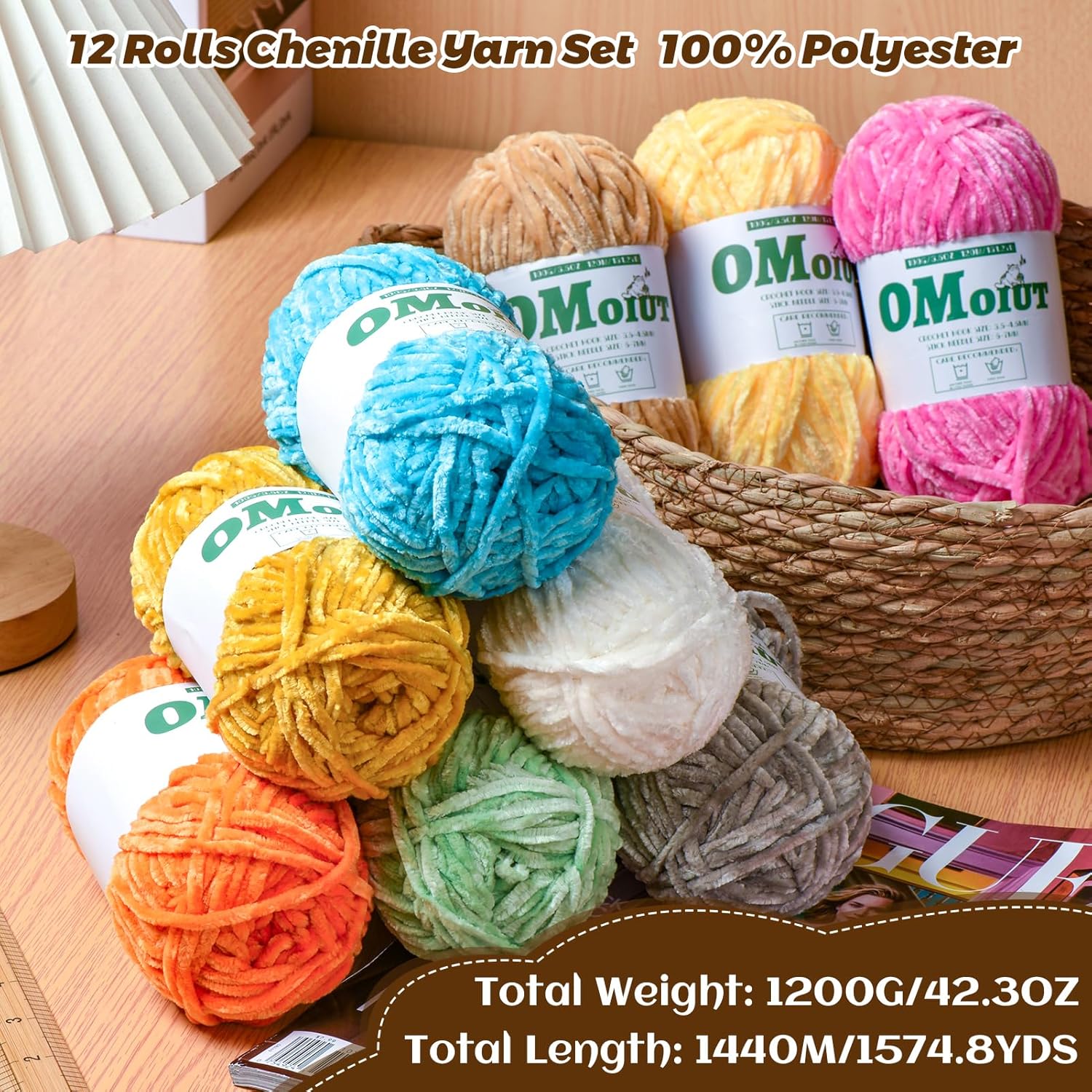 12 Pack Multicolored Plush Chenille Yarn，Velvet Baby Blanket Yarn for Crocheting Soft ，(1200 g/42.3 oz，1440 m/1574 yds Fluffy Amigurumi Crochet Yarn Set A