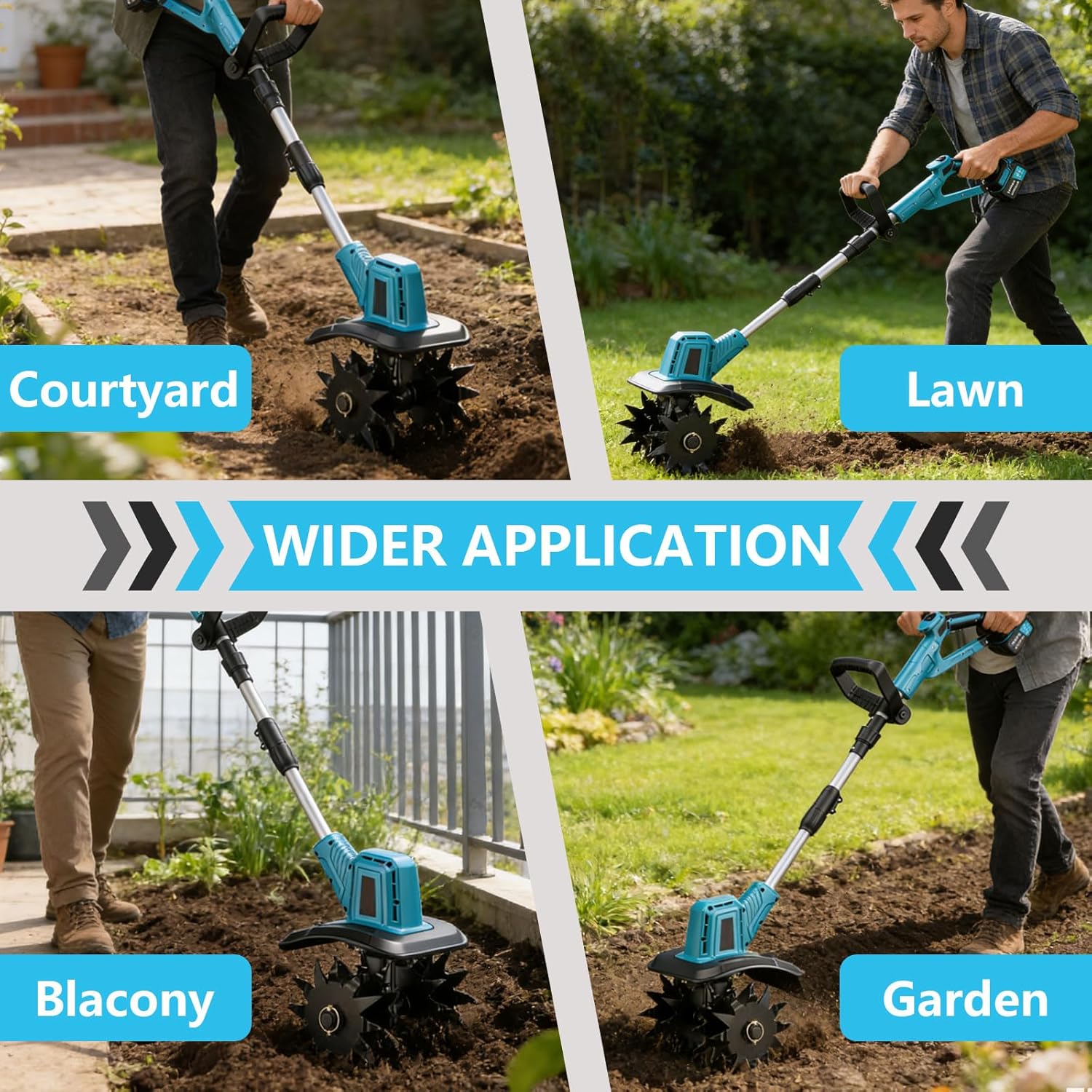 Electric Cordless Tiller Cultivator 21V Lightweight Tiller for Gardening 12 in Tilling Width 8 in Depth Rototiller with 2 * 4.0Ah Batteries and Charger for Garden Lawn and Soil Cultivation Blue