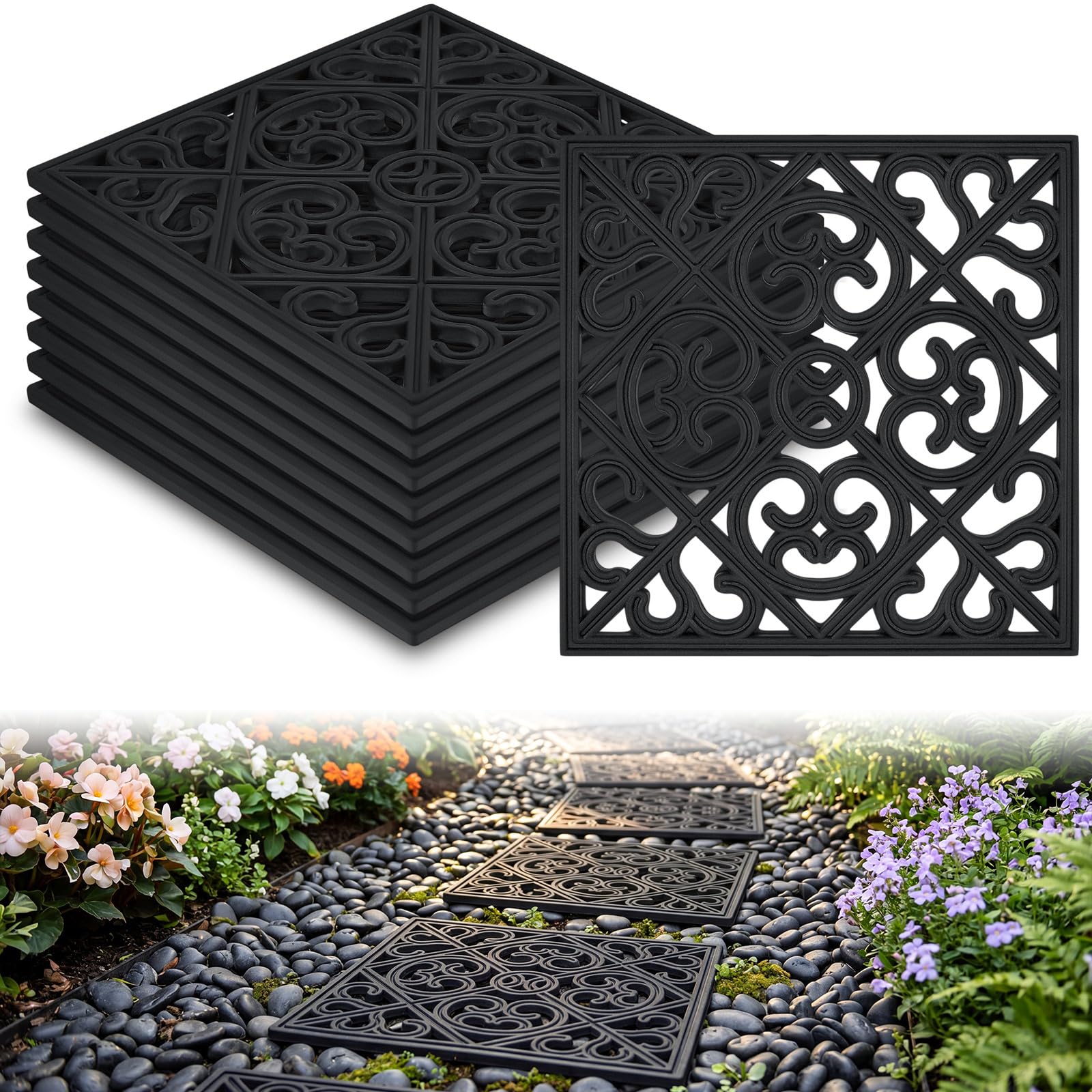 Pangda 16 Pcs Rubber Stepping Stones Outdoor, Black, Cross