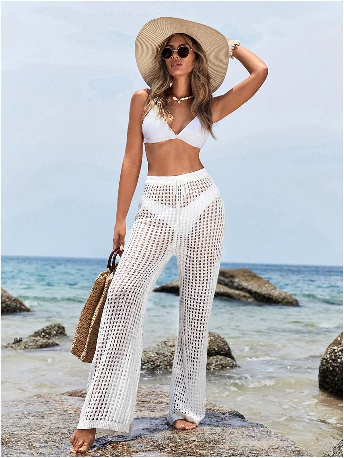 COZYEASE Women's Beach Cover Up Pants Hollow Out Drawstring Elastic High Waist Bathing Suit Cover Up Beach Pants