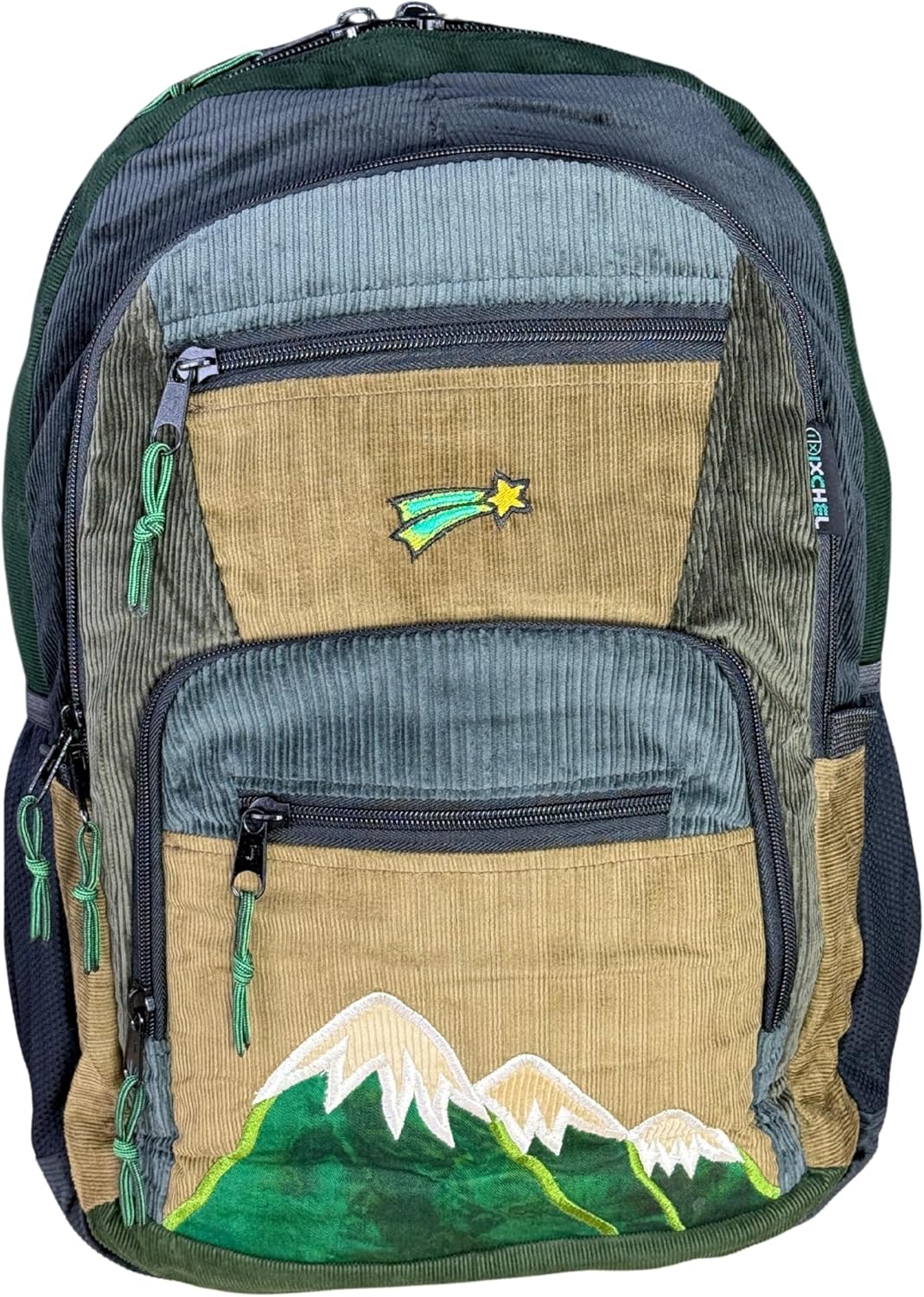 Ixchel Large Patchwork Corduroy Backpack w Mountain Appliqué & Hidden Pocket – Handmade Boho Daypack Festival Backpack