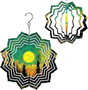 1* Metal Wind Spinners, Lotus Hanging Outdoor Decor for Patio, Birthday Gifts for Madam Women Mom Grandma, 3D Wind Spinner for Indoor Home Work Room Garden Autumn Winter, Green Sunset Forest