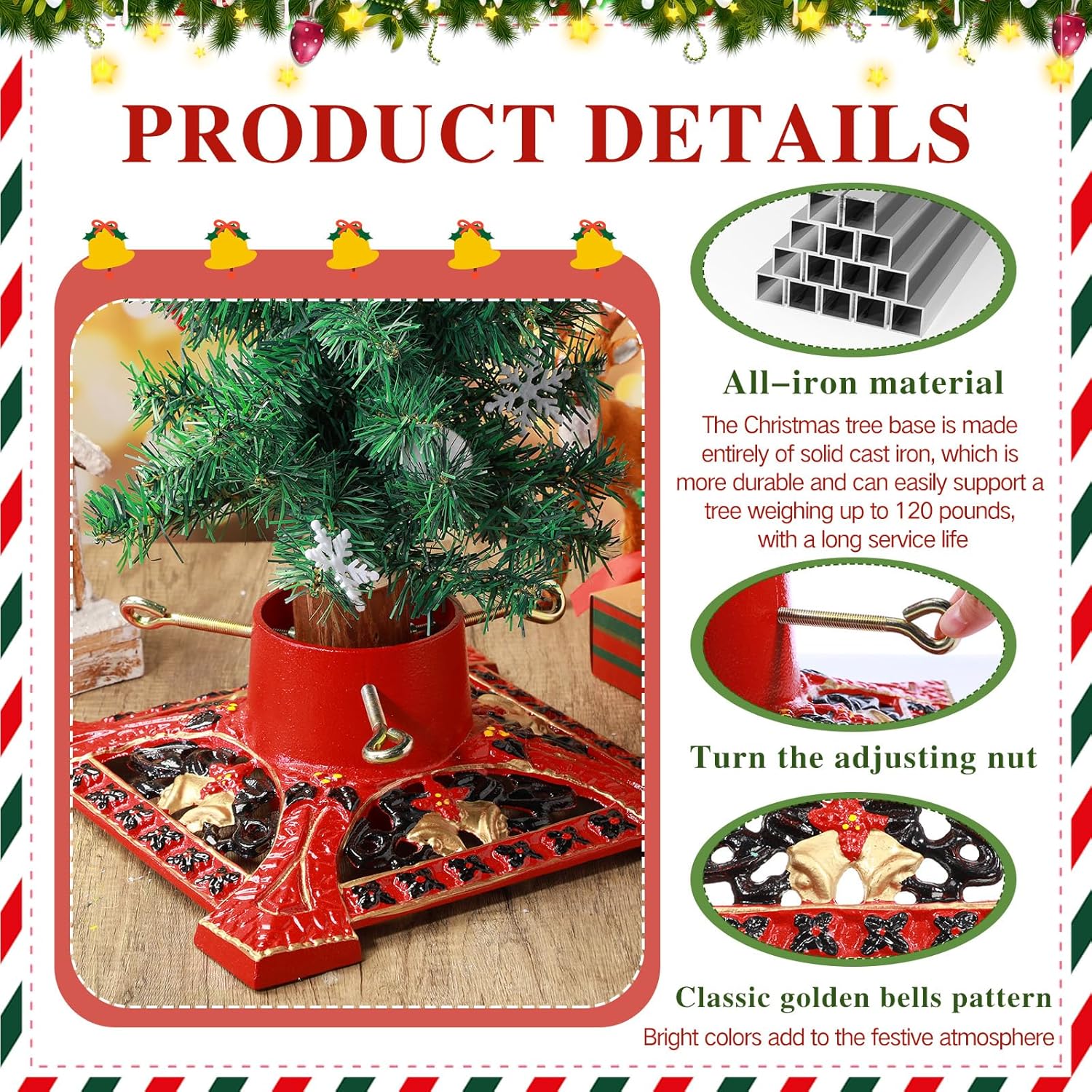 Cast Iron Christmas Tree Stand for Real Live Trees, Heavy Duty Stable Base with Deep Water Reservoir to Keep Fresh, Xmas Tree Holder for Christmas Indoor Outdoor Holiday Decoration(Red)