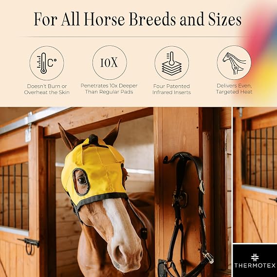 Thermotex Equine Far Infrared Heating Tmj Hood. 2 Far Infrared Inserts. Electric Heating Pad With Self Fastening Straps. Heat Pad To Help Relieve Frontal Sinuses, Throat & Jaw. Machine Washable Cover.