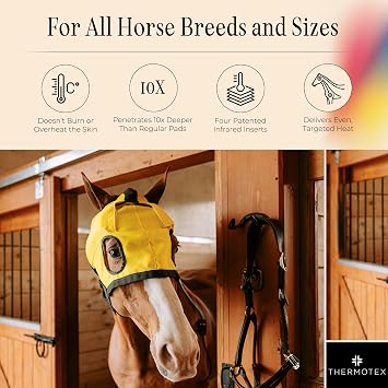 Thermotex Equine Far Infrared Heating Tmj Hood. 2 Far Infrared Inserts. Electric Heating Pad With Self Fastening Straps. Heat Pad To Help Relieve Frontal Sinuses, Throat & Jaw. Machine Washable Cover.