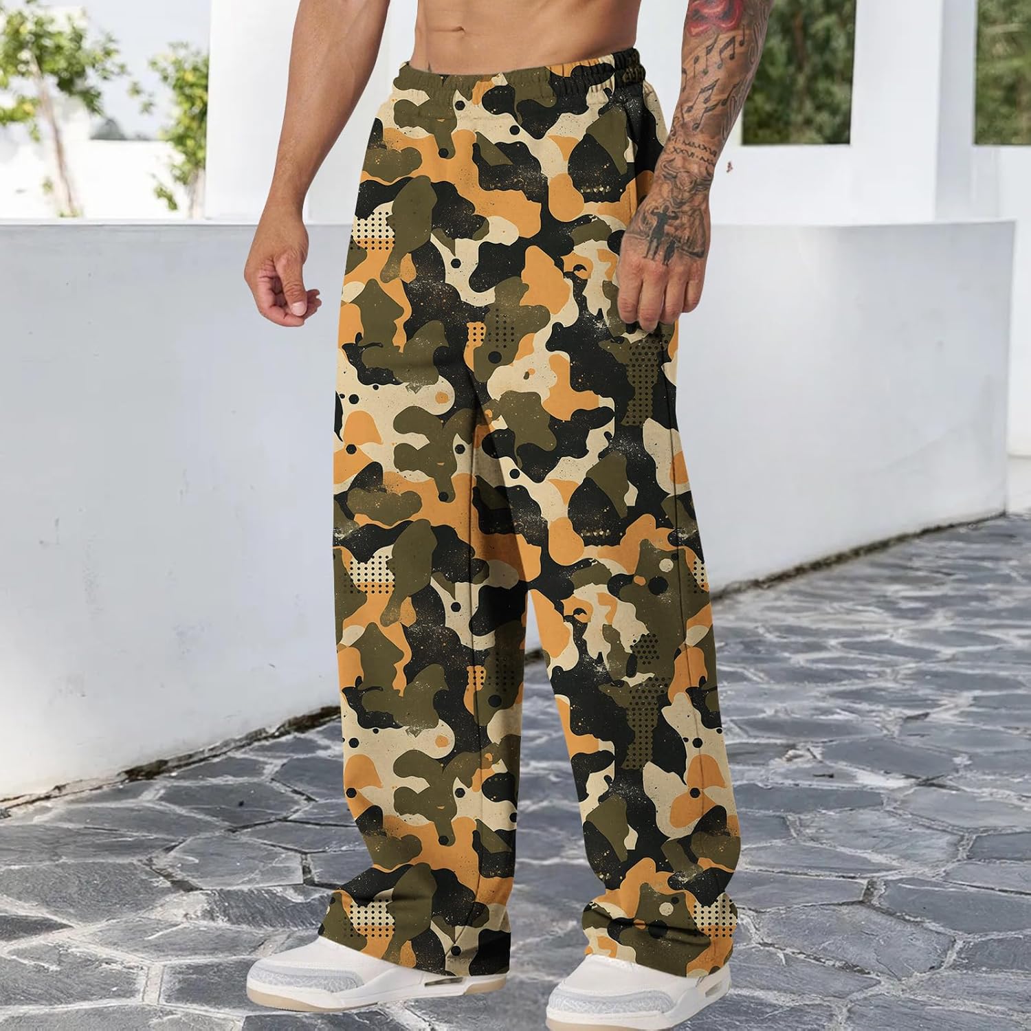 Camo Pants for Men Graphic Baggy Sweatpants Wide Legs Elastic Waist Trousers Casual Fashion Street Jogger Pocket