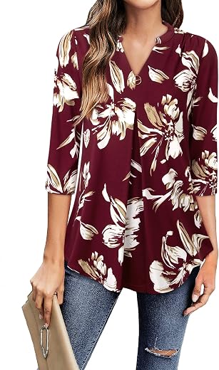 VALOLIA Womens Casual V Neck Loose Top 3/4 Sleeve Office Work Blouse Shirt Tops(X-Large Wine Floral)