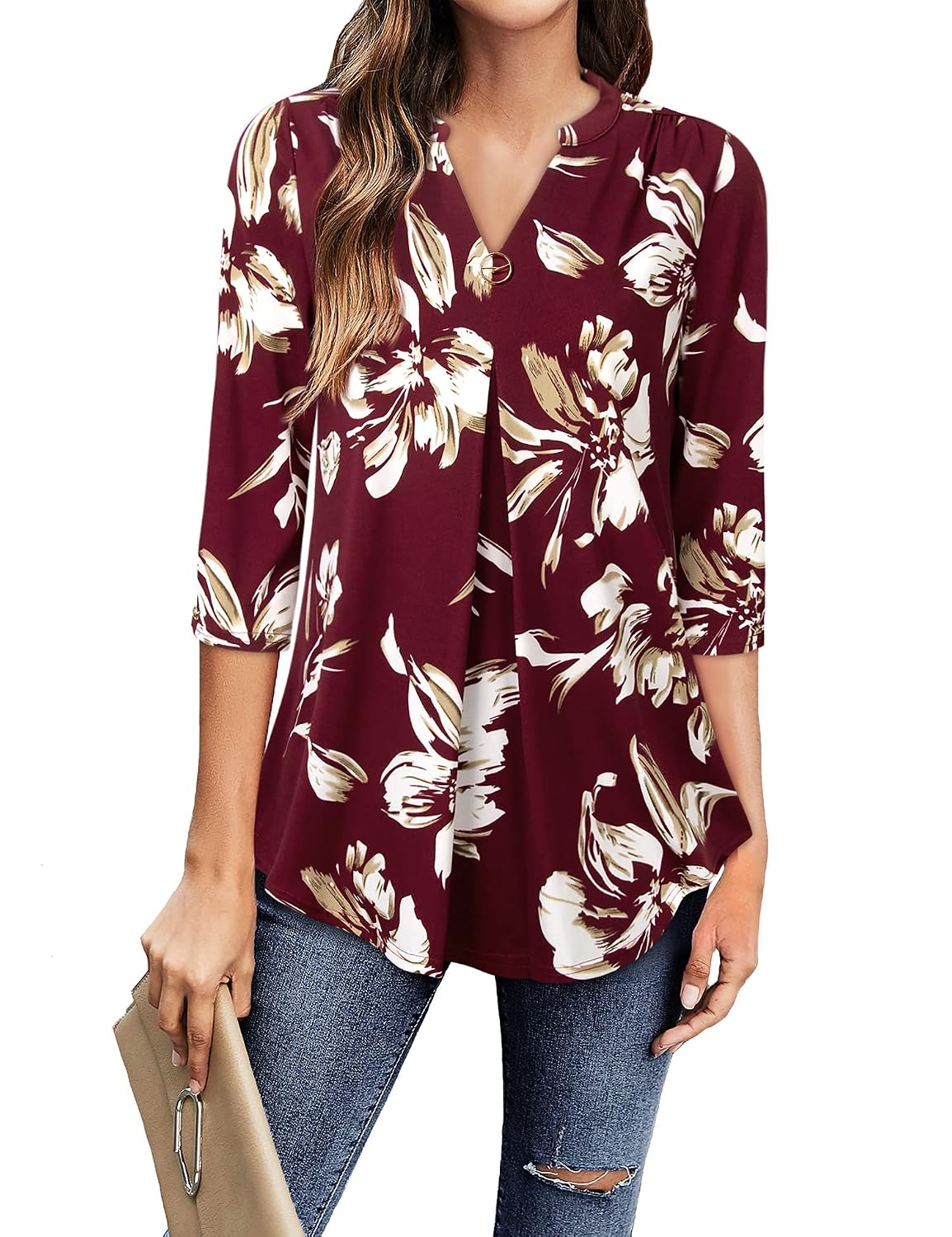 VALOLIA Womens Casual V Neck Loose Top 3/4 Sleeve Office Work Blouse Shirt Tops(X-Large Wine Floral) - Review, Price and Buying Guide