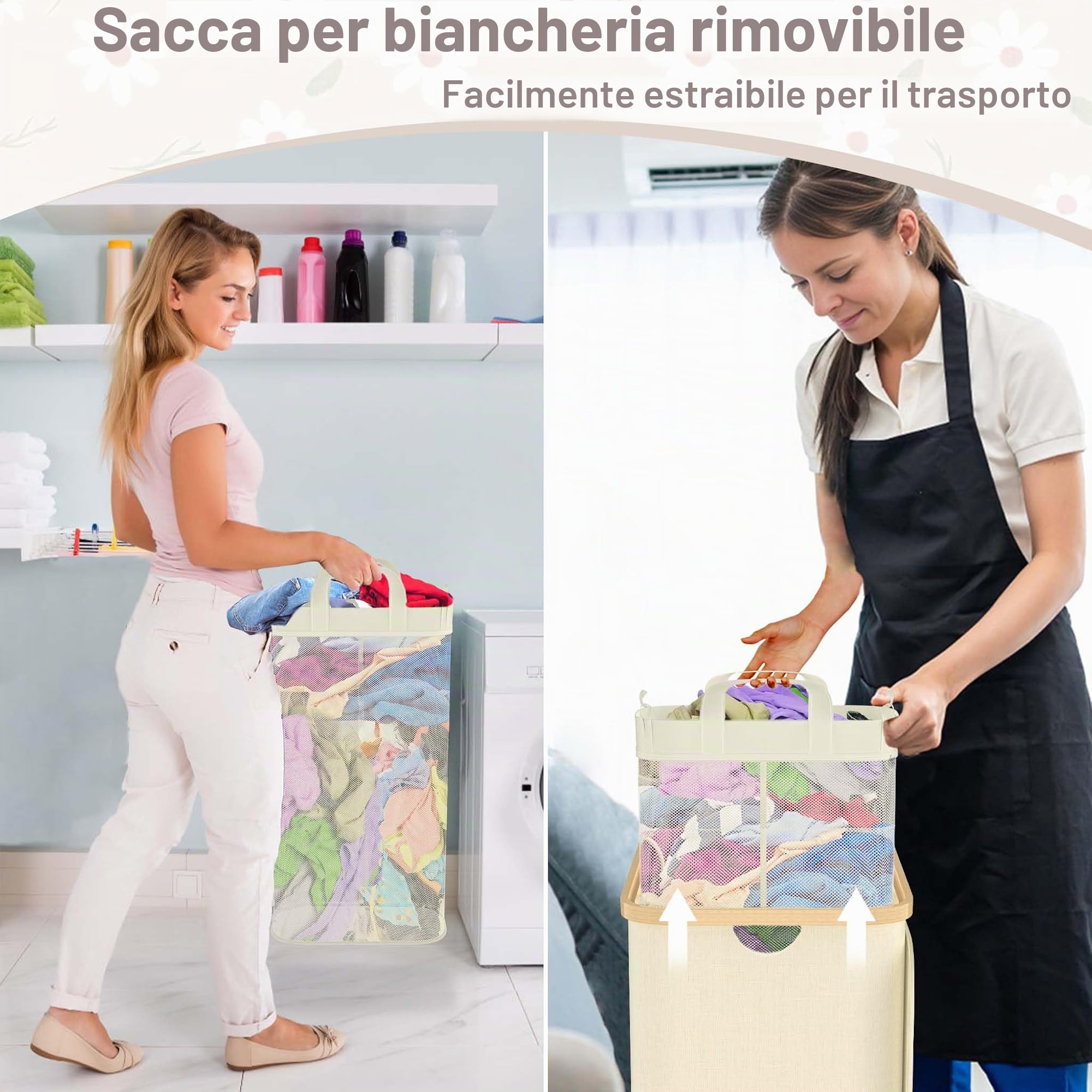 LILIIN 140L Cesto portabiancheria con coperchio, contenitore per biancheria a 3 scomparti, sacco per la biancheria stretto, cesto pieghevole per la biancheria, cesto per la biancheria con manici