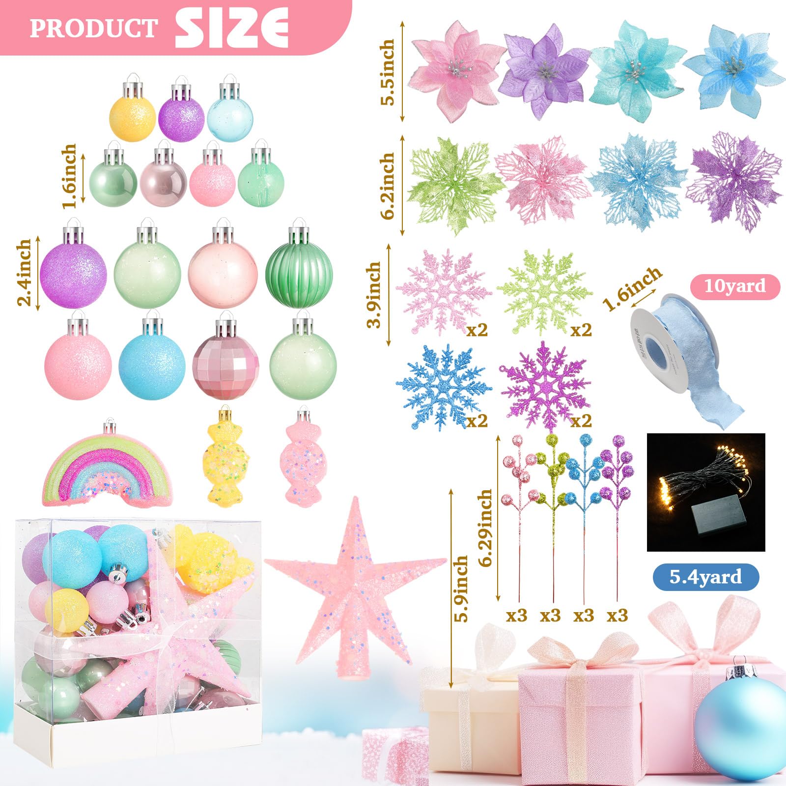 Syhood Lot de 70 décorations de sapin de Noël pastel comprenant des décorations de Noël à paillettes, poinsettia, fleurs, baies, flocons de neige, ruban LED pour décoration de Noël