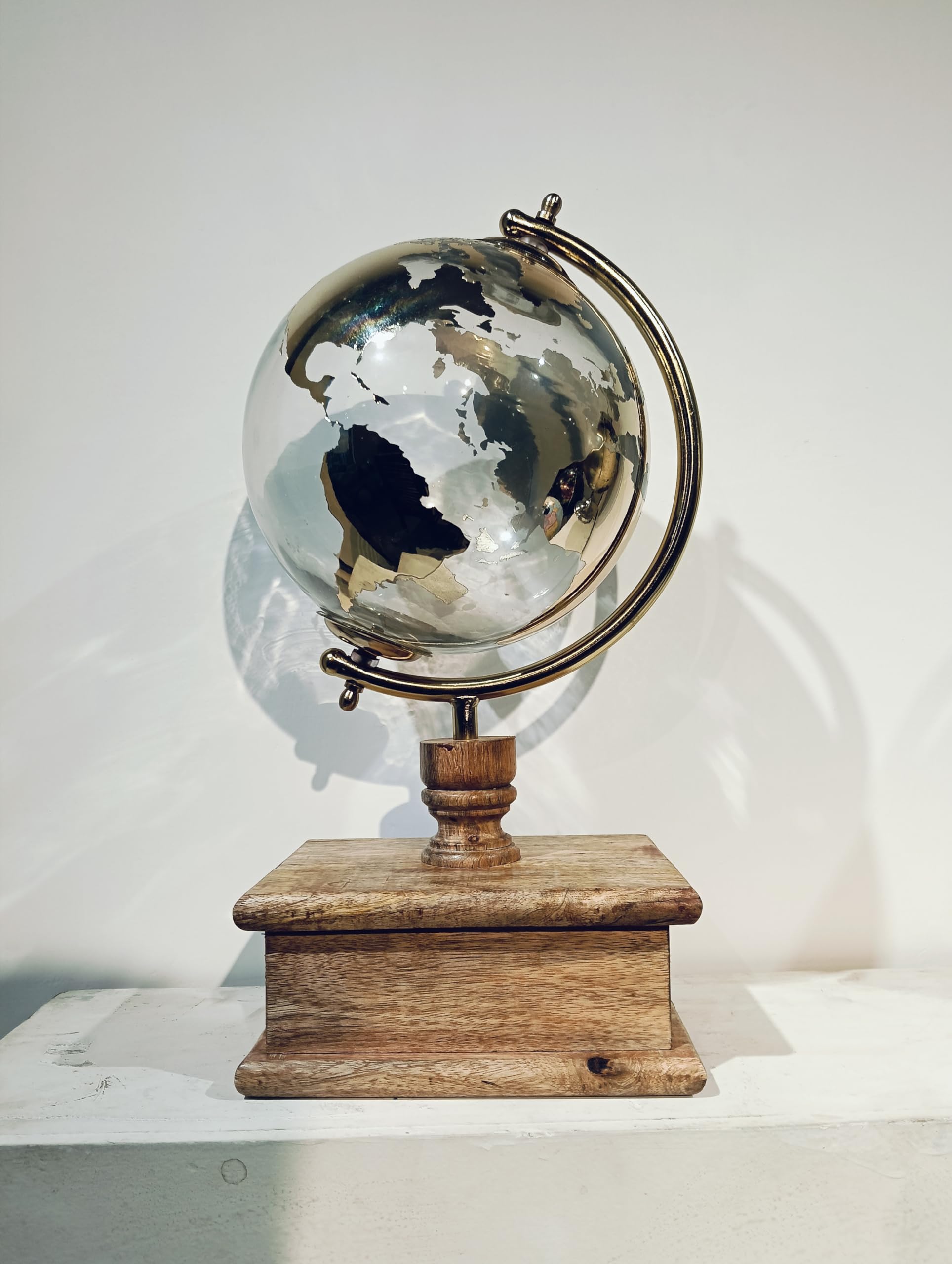 GLOBE DADDY Rotating 8 Inch World Glass Globs with Metal Arc and Wooden Drawer for Show pieces for Home Décor, Office Decor and Decorations items,Study Table decor Items, Birthday, Party Gifts and Aniversary. 1